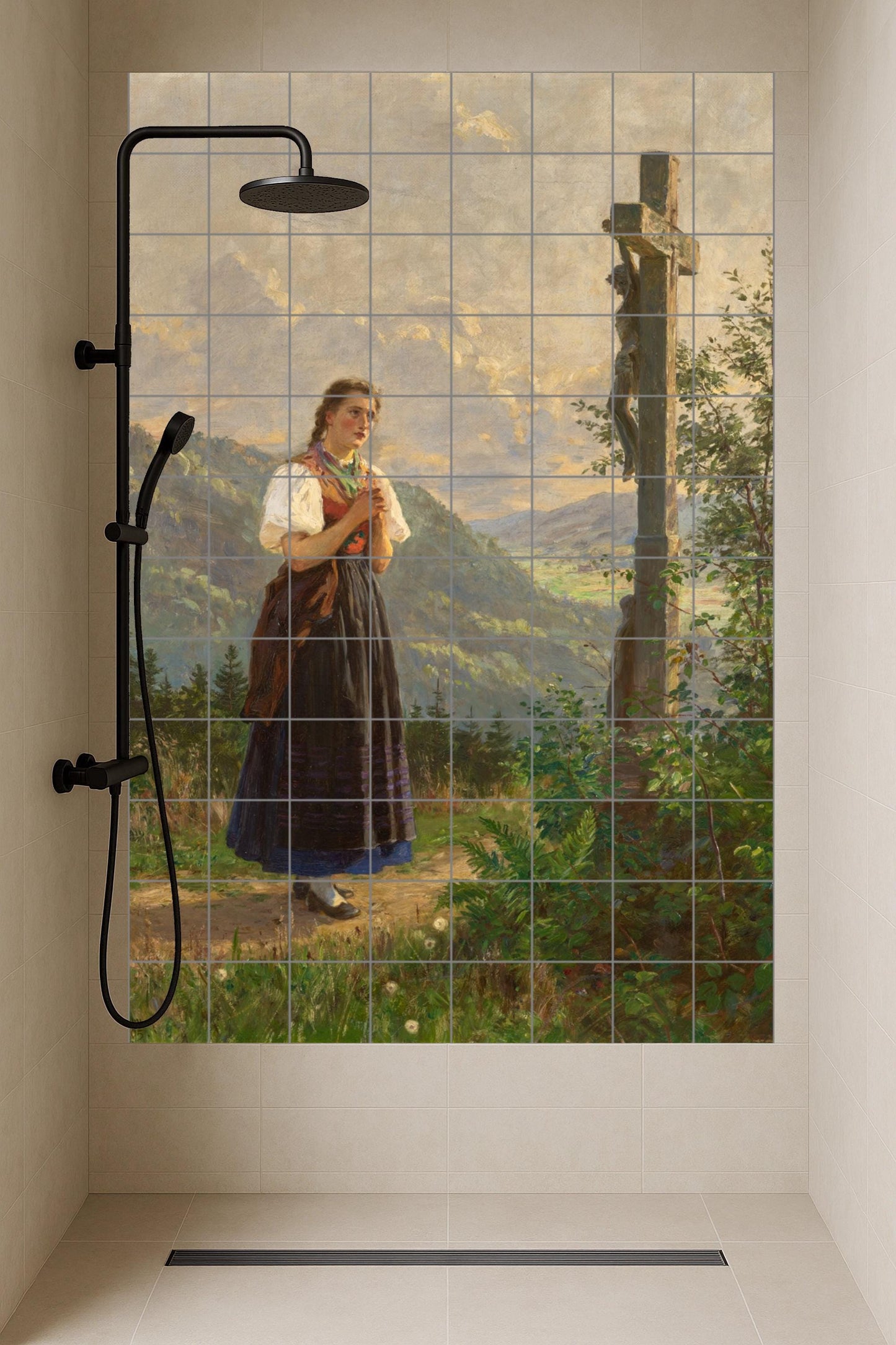 Faith in the Valley – Devotional ceramic mural of a woman in prayer / Christian mural art of peace with mountain landscape