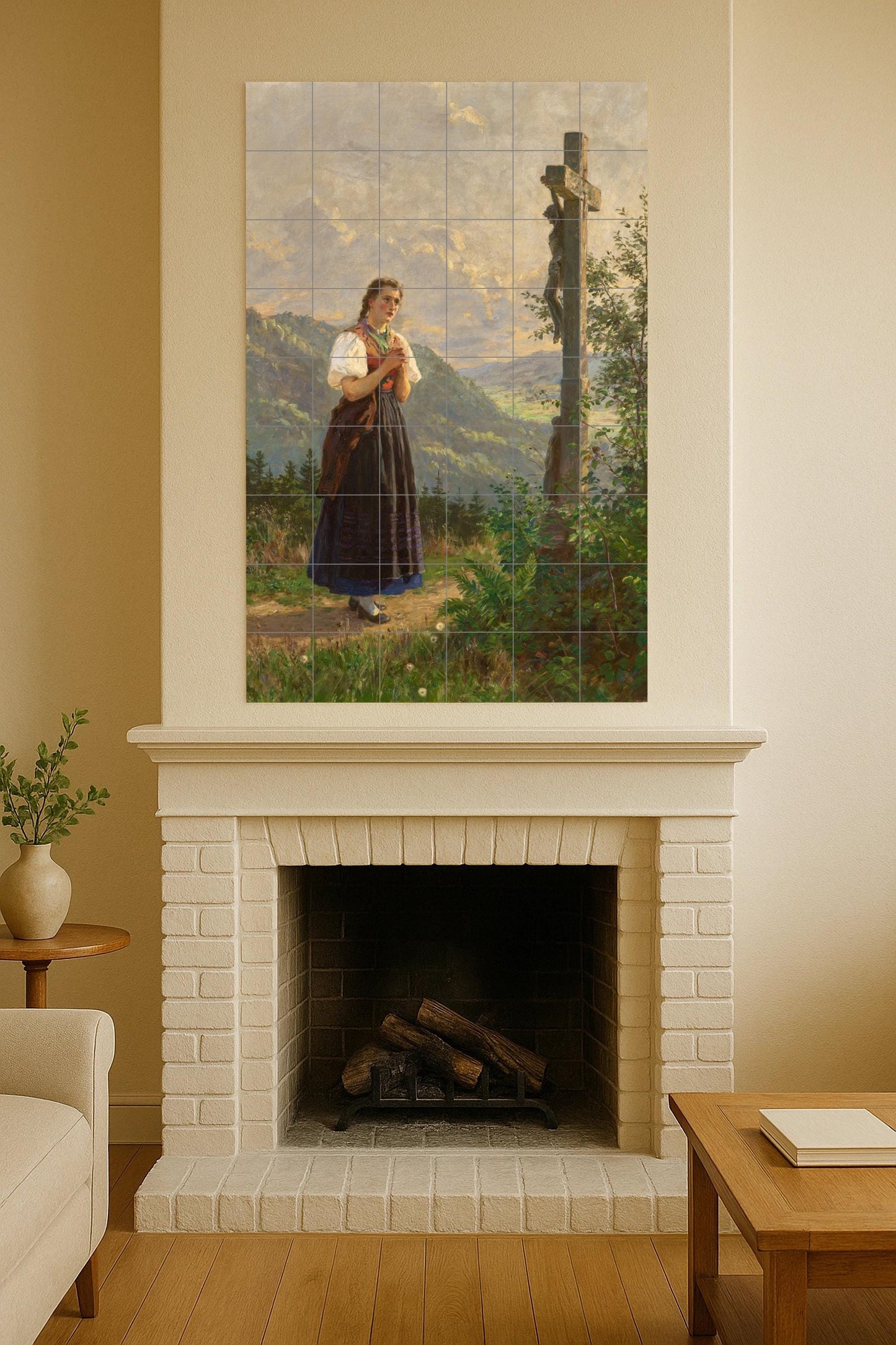 Faith in the Valley – Devotional ceramic mural of a woman in prayer / Christian mural art of peace with mountain landscape