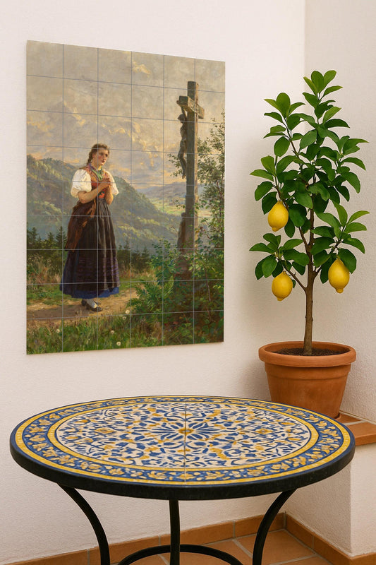 Faith in the Valley – Devotional ceramic mural of a woman in prayer / Christian mural art of peace with mountain landscape
