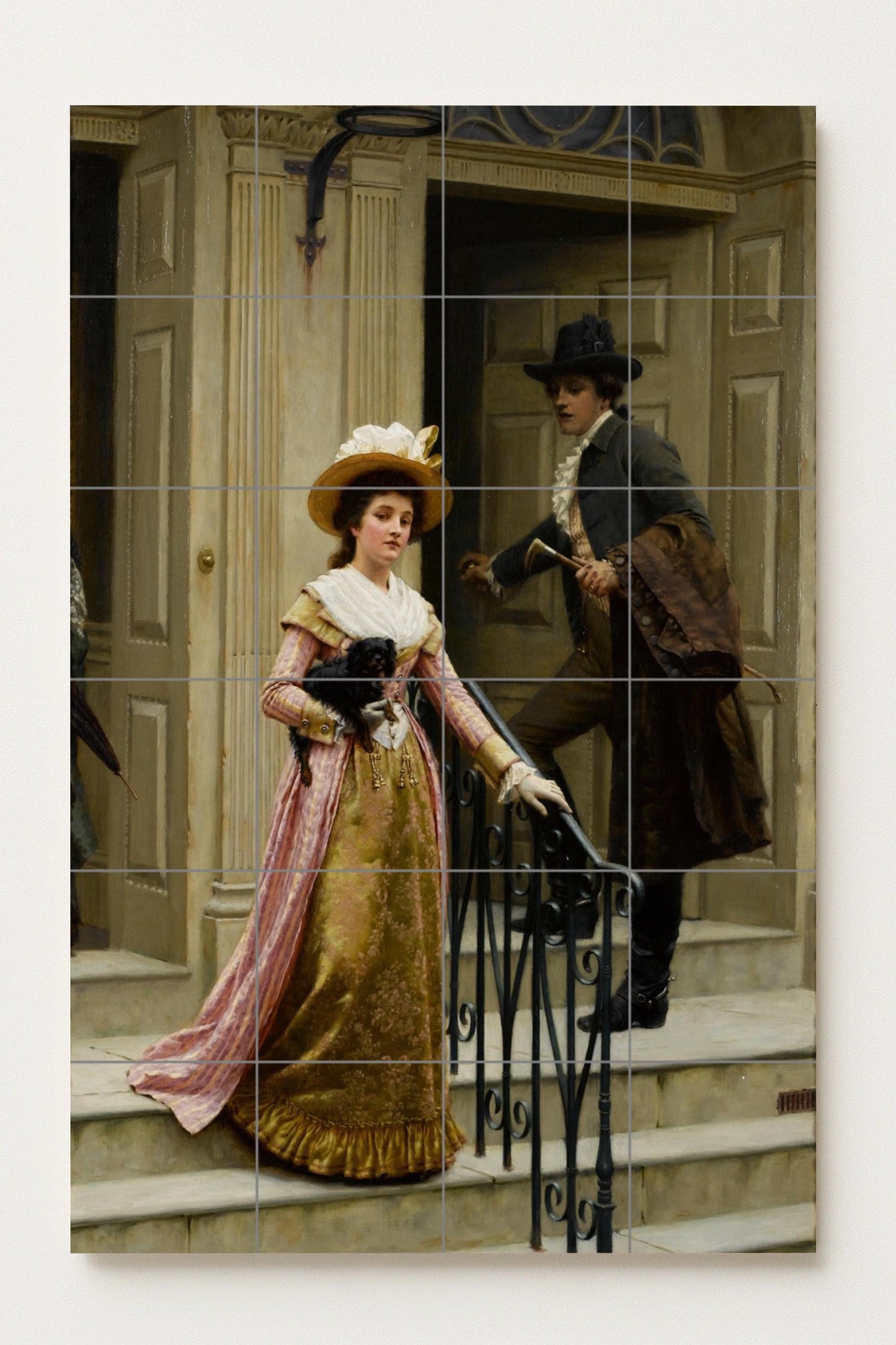 Romantic Victorian scene: elegant ceramic mural of a lady and gentleman / Classic English-style wall art with timeless charm