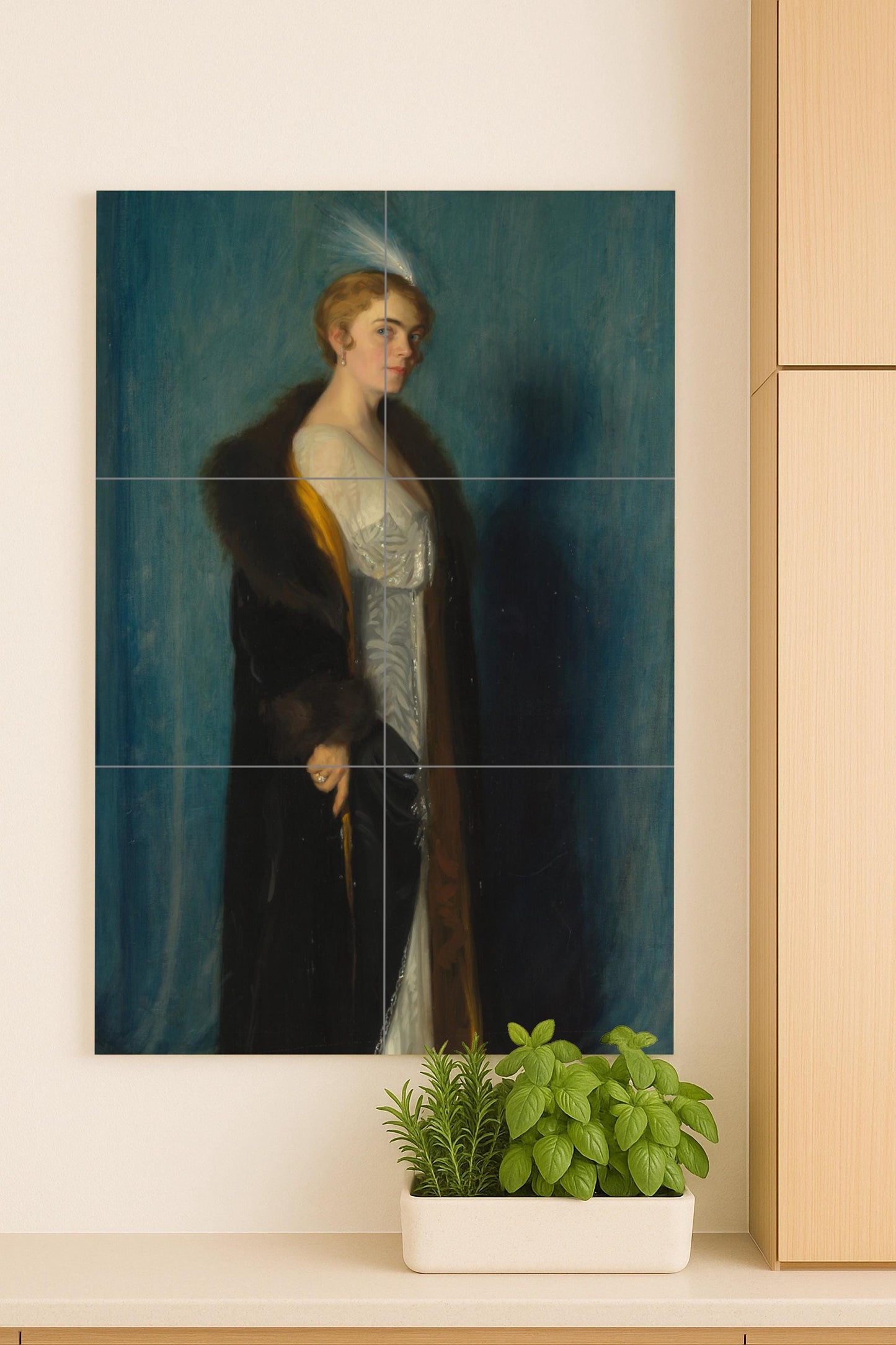Elegant lady dressed in white and leather: ceramic mural of timeless beauty / Classic portrait with grace and refinement