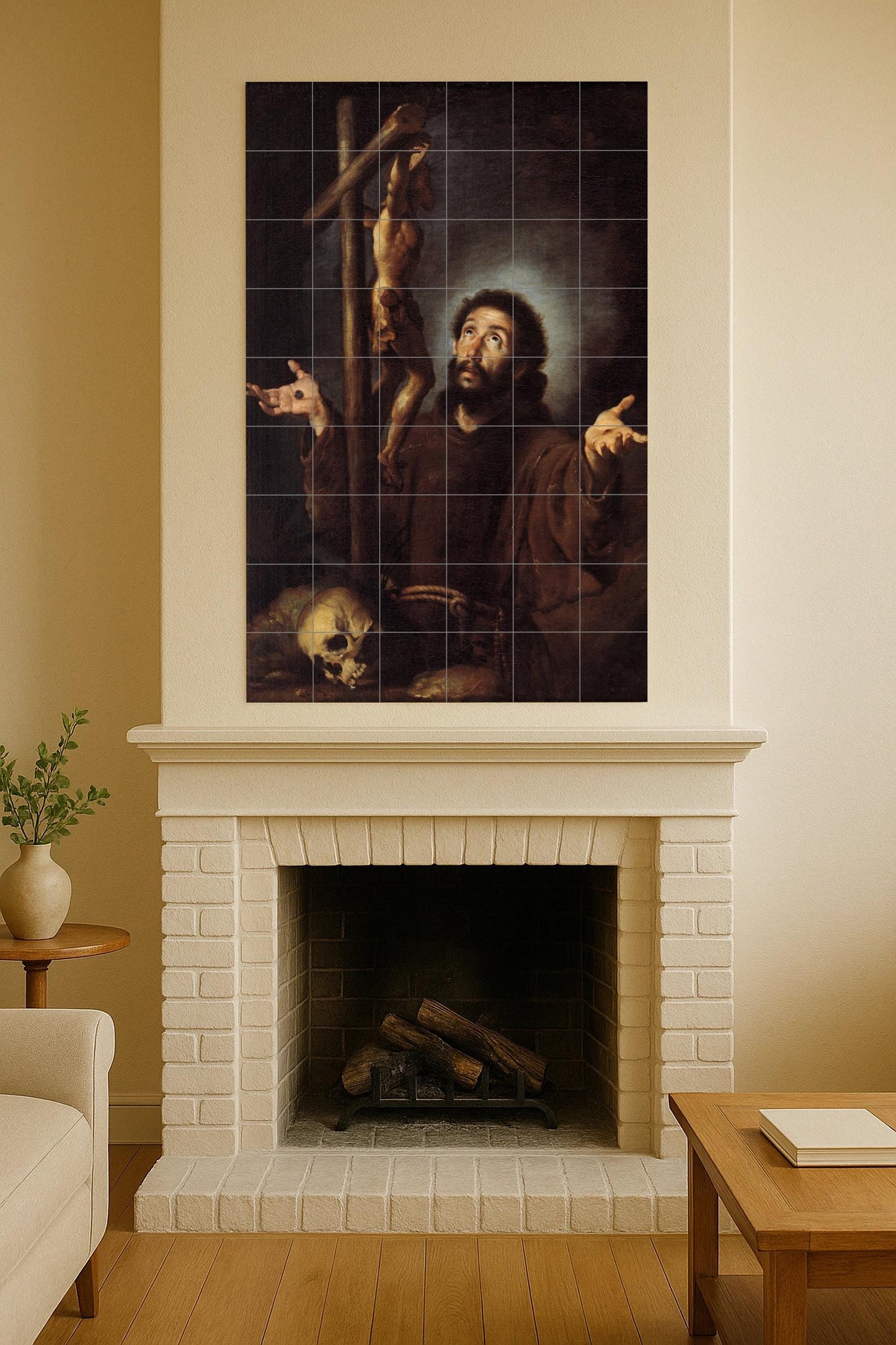 Saint Francis of Assisi – Catholic ceramic mural of the saint in prayer before the cross / Classic religious mural art of faith and humility