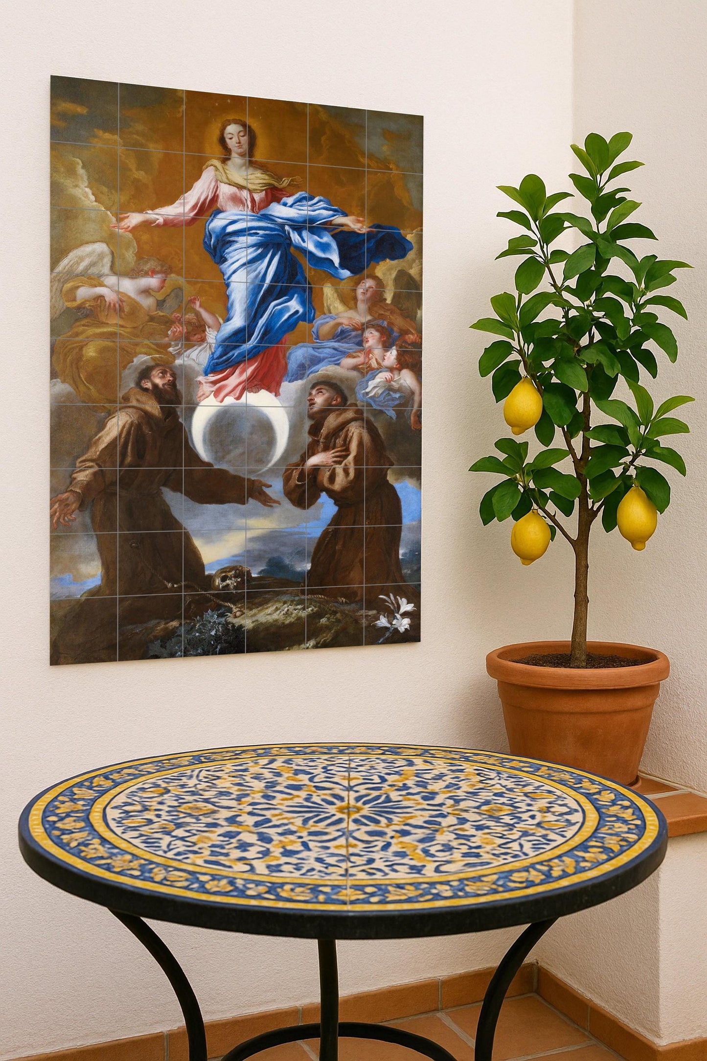 Immaculate Conception – Catholic ceramic mural of the Virgin Mary and angels / Classic religious mural art symbolizing purity and grace