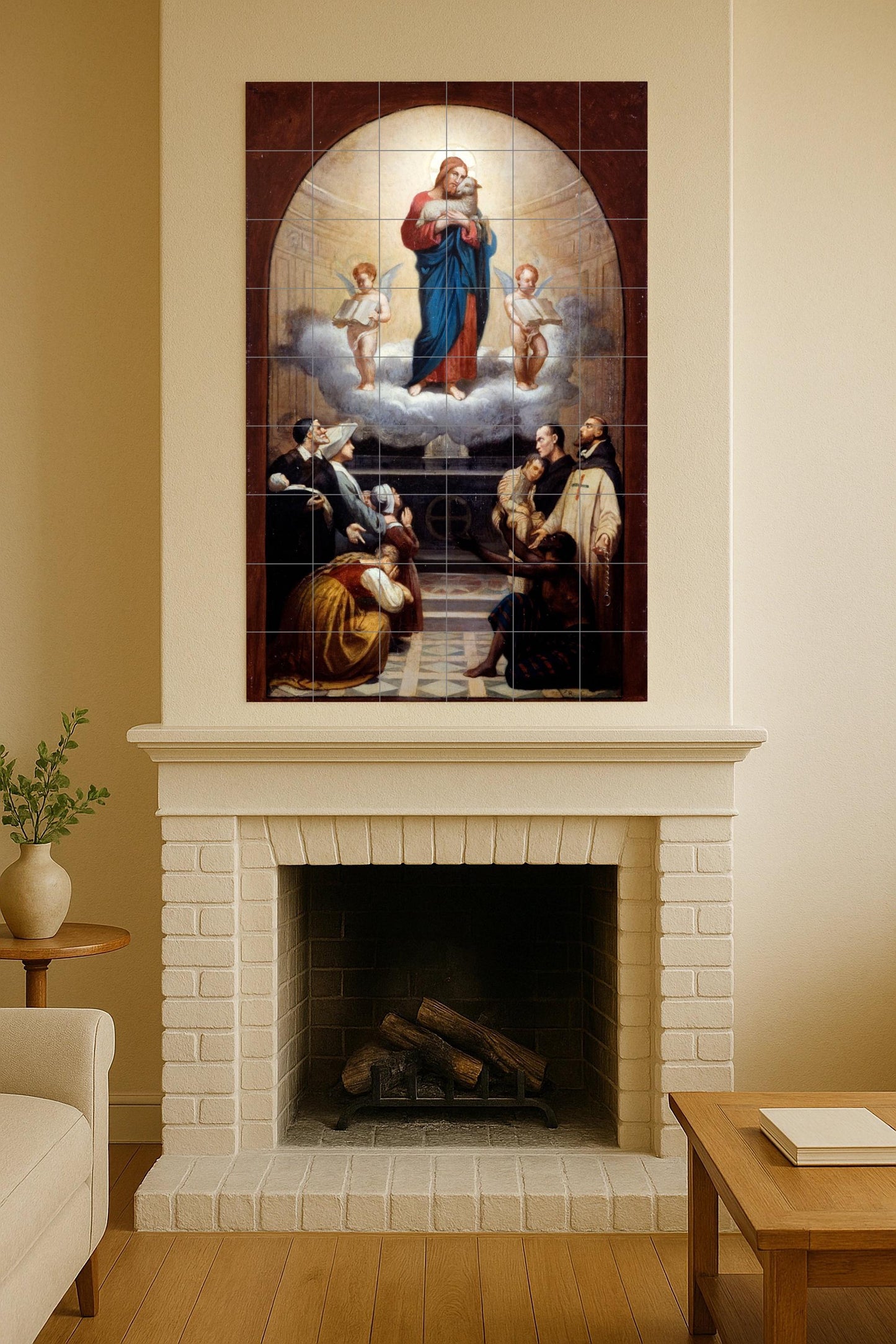 Sacred Heart of Jesus – Religious ceramic mural with angels and devotees / Classic Christian mural art of compassion and divine light