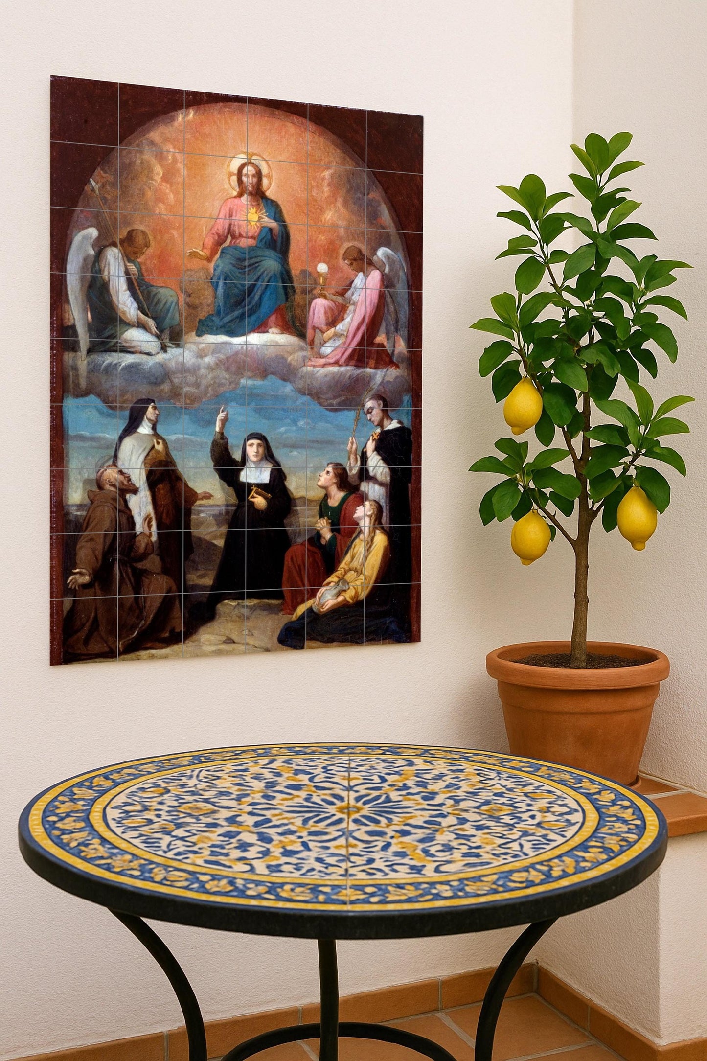 Sacred Heart of Jesus in Glory – Religious Ceramic Mural with Angels and Saints / Classic Christian Wall Art of Divine Light and Faith