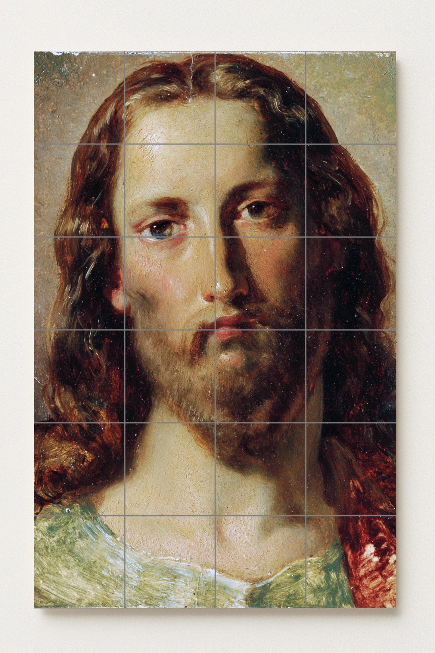 Face of Christ – Religious ceramic mural of Jesus in classical style / Sacred Christian mural art with serene expression and soft light