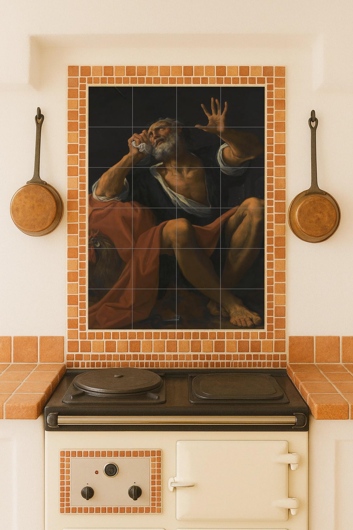 Saint Peter the Penitent – Religious ceramic mural with rooster and keys / Baroque Christian mural art inspired by sacred painting