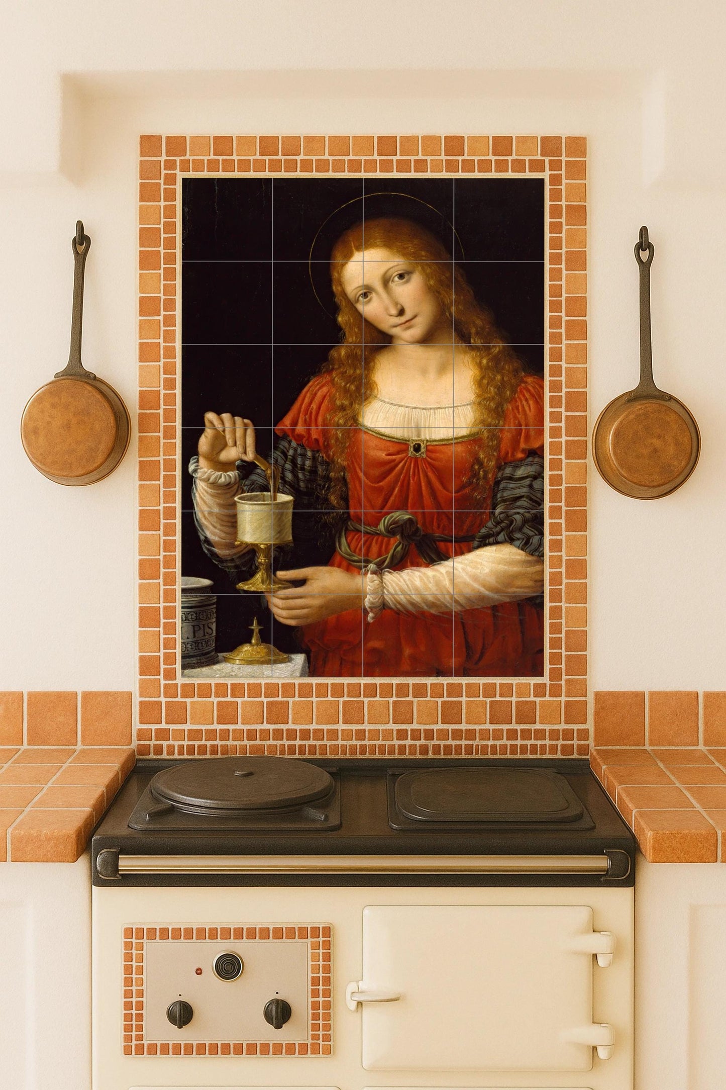 Saint Mary Magdalene – Religious ceramic mural with chalice and red tunic / Renaissance Christian mural art inspired by sacred painting