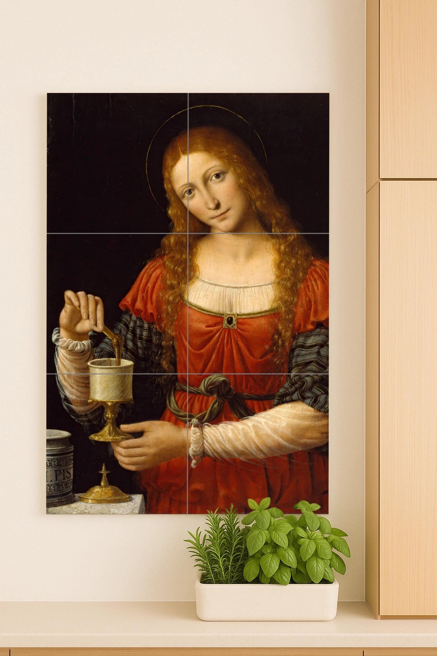 Saint Mary Magdalene – Religious ceramic mural with chalice and red tunic / Renaissance Christian mural art inspired by sacred painting