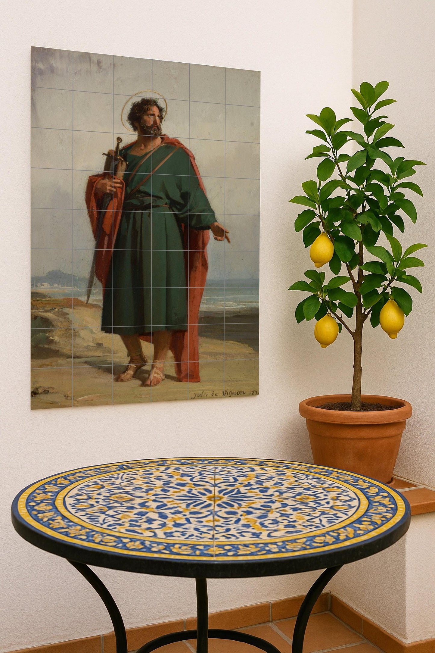 Saint Paul the Apostle – Religious ceramic mural with sword and red cloak / Classic Christian mural art inspired by sacred painting