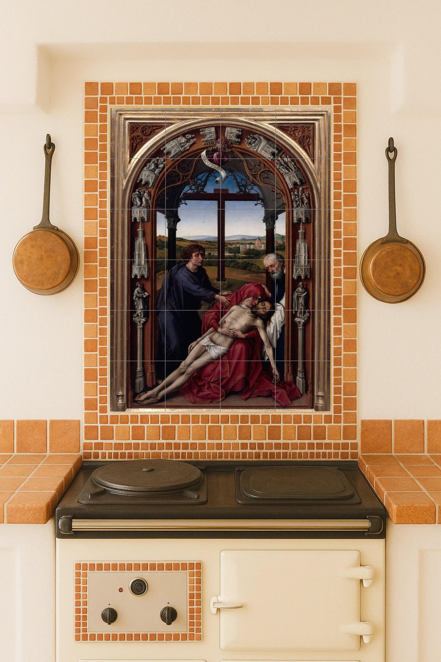 The Lamentation by Rogier van der Weyden: Flemish Renaissance ceramic mural framed with architectural splendor