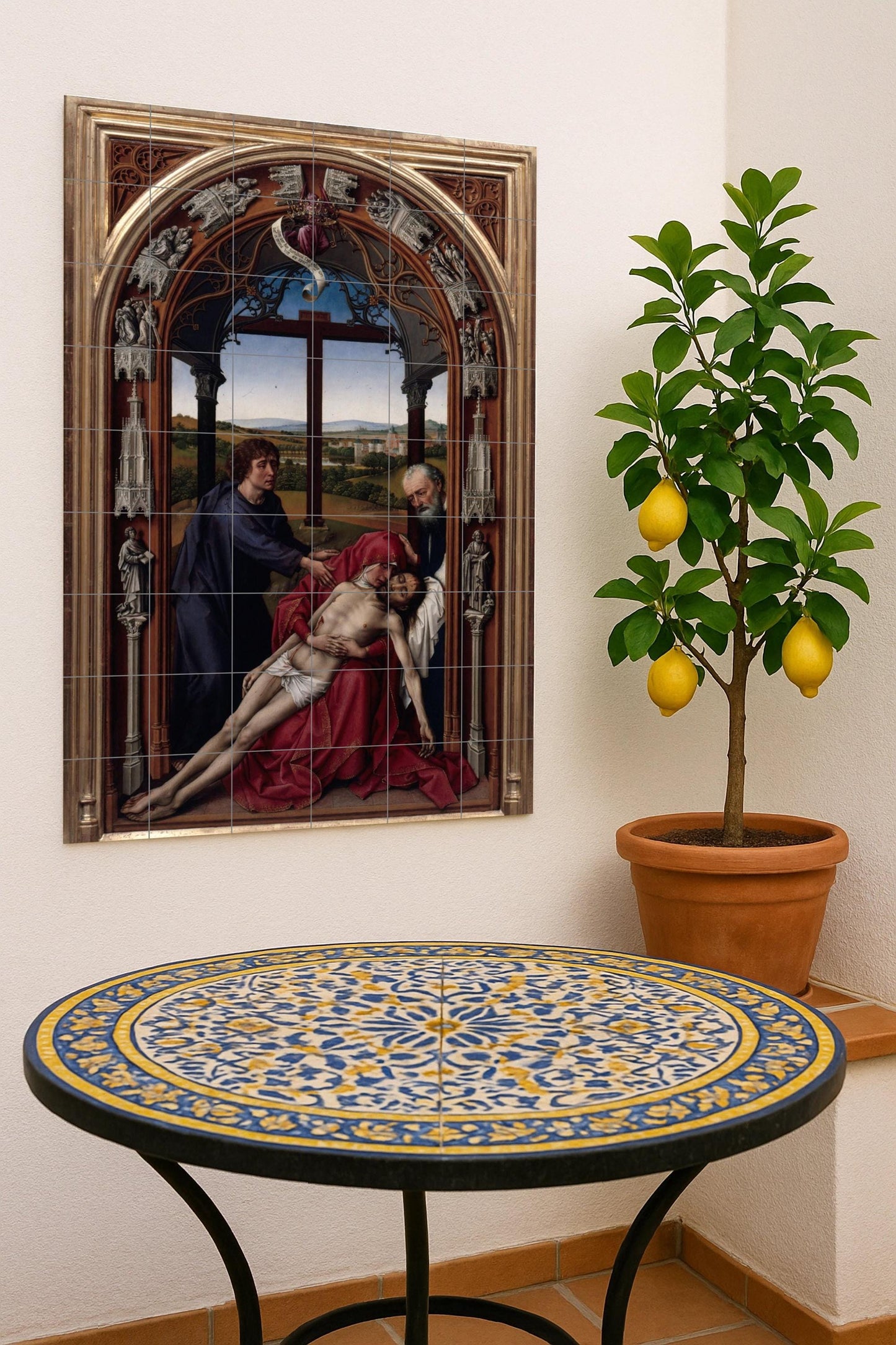 The Lamentation by Rogier van der Weyden: Flemish Renaissance ceramic mural framed with architectural splendor