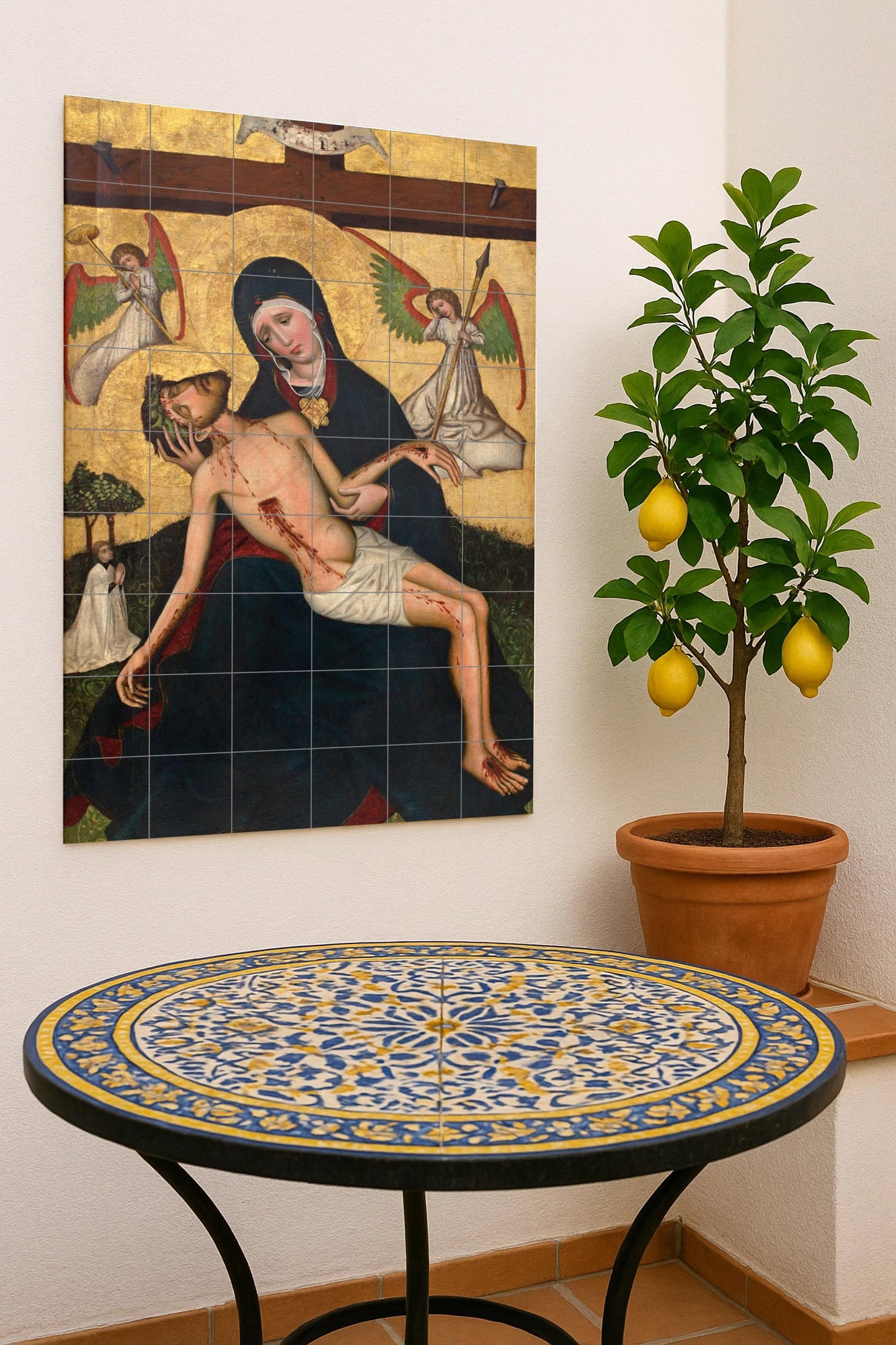 Pietà with Angels – Gothic religious ceramic mural with gold leaf background and sacred symbolism