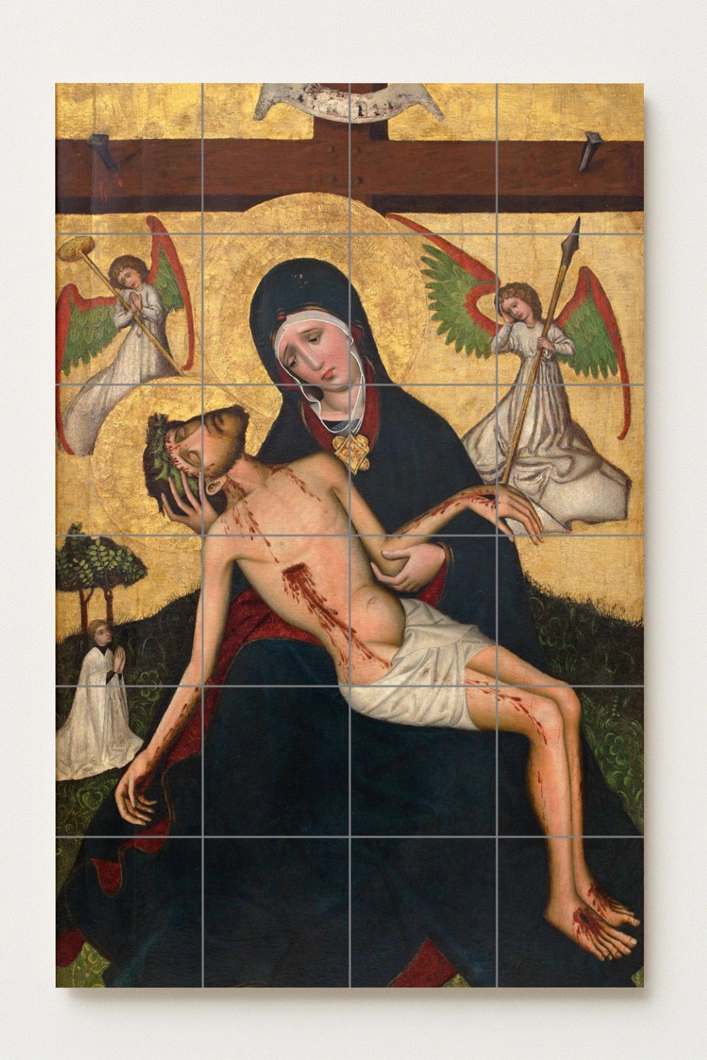Pietà with Angels – Gothic religious ceramic mural with gold leaf background and sacred symbolism