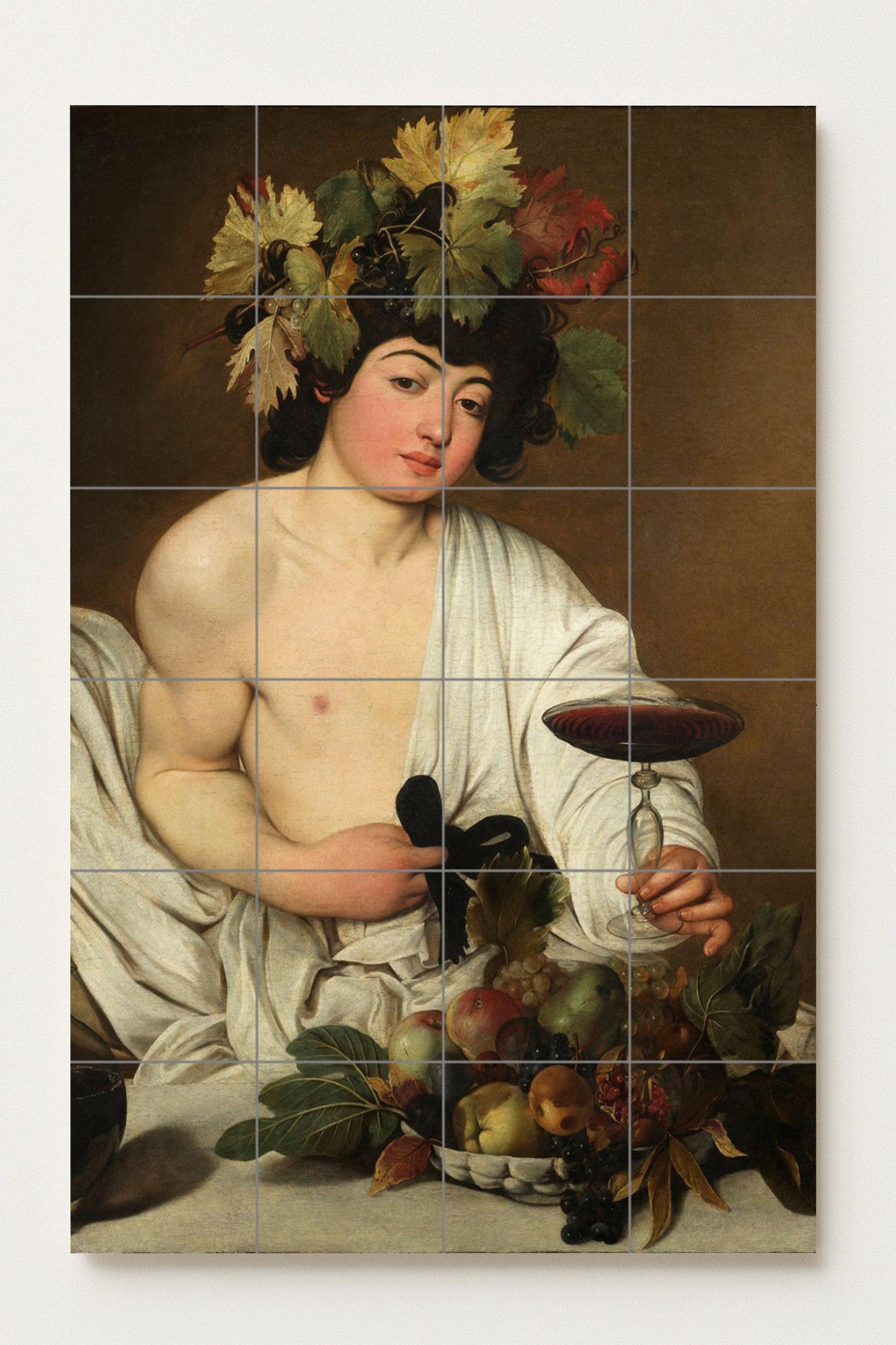 Caravaggio's Bacchus: Classical Renaissance mural on ceramic tiles with a rich composition of fruits and wines.