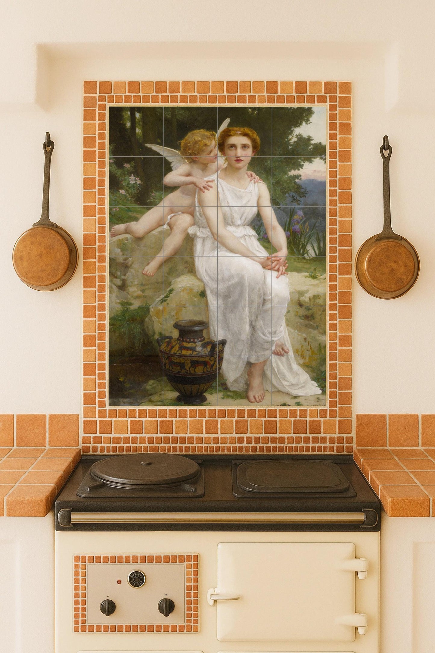 Whispers of innocence and the eternal grace of love: ceramic mural depicting a classic scene of serenity and tender affection.