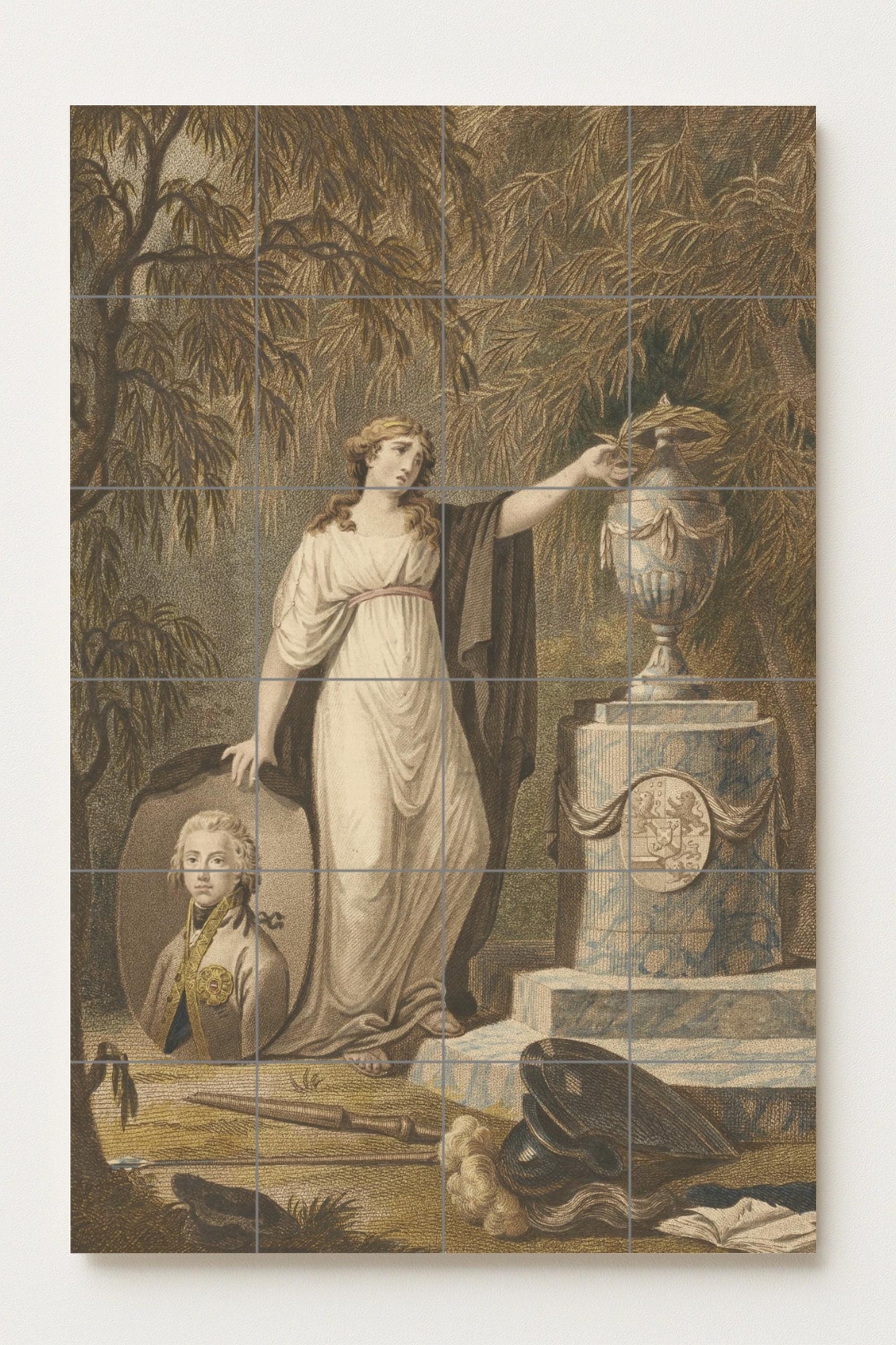 Allegory of mourning for a fallen hero: Neoclassical ceramic mural symbolizing honor and memory