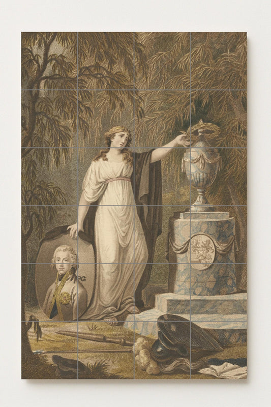 Allegory of mourning for a fallen hero: Neoclassical ceramic mural symbolizing honor and memory