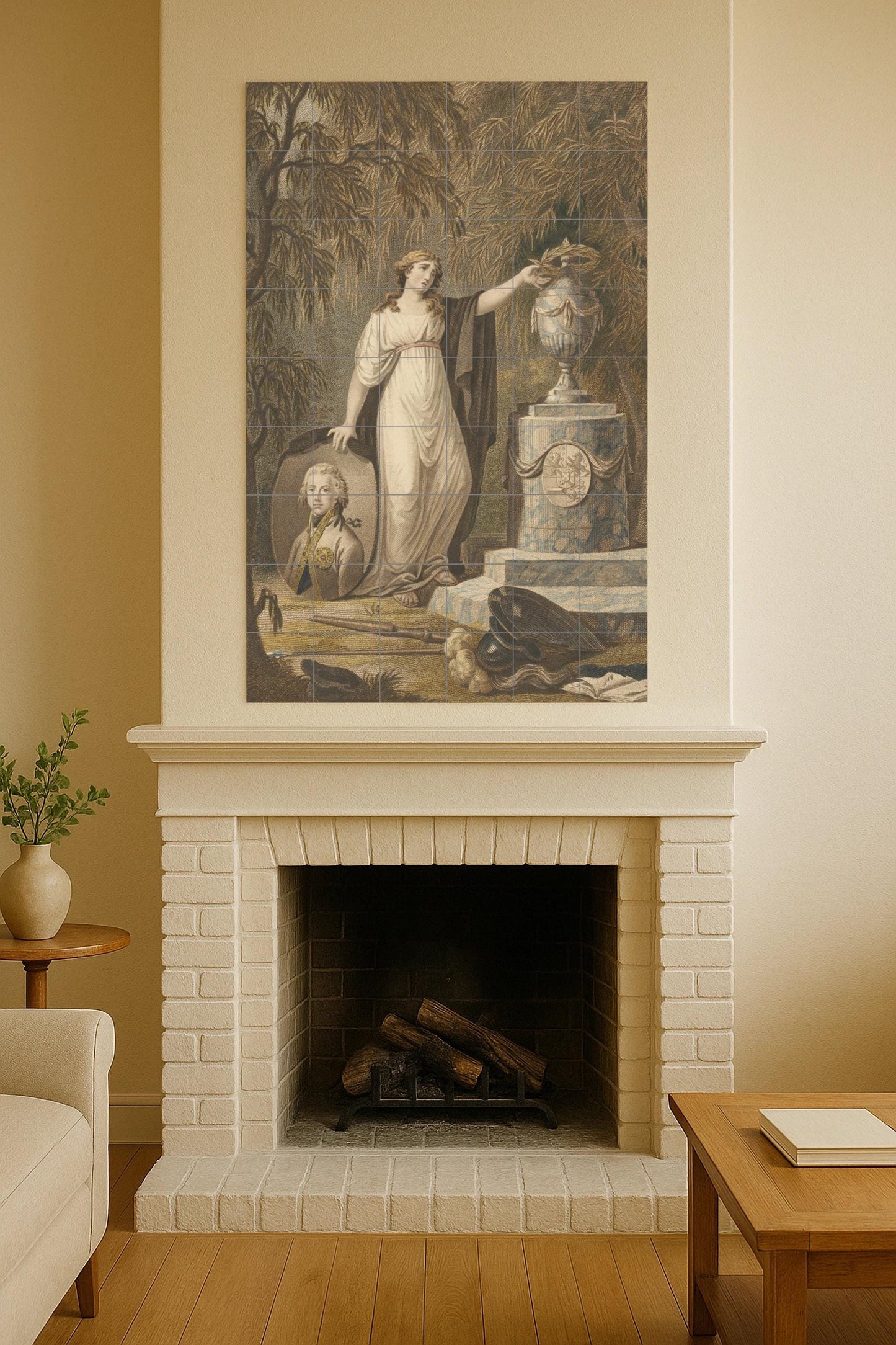 Allegory of mourning for a fallen hero: Neoclassical ceramic mural symbolizing honor and memory