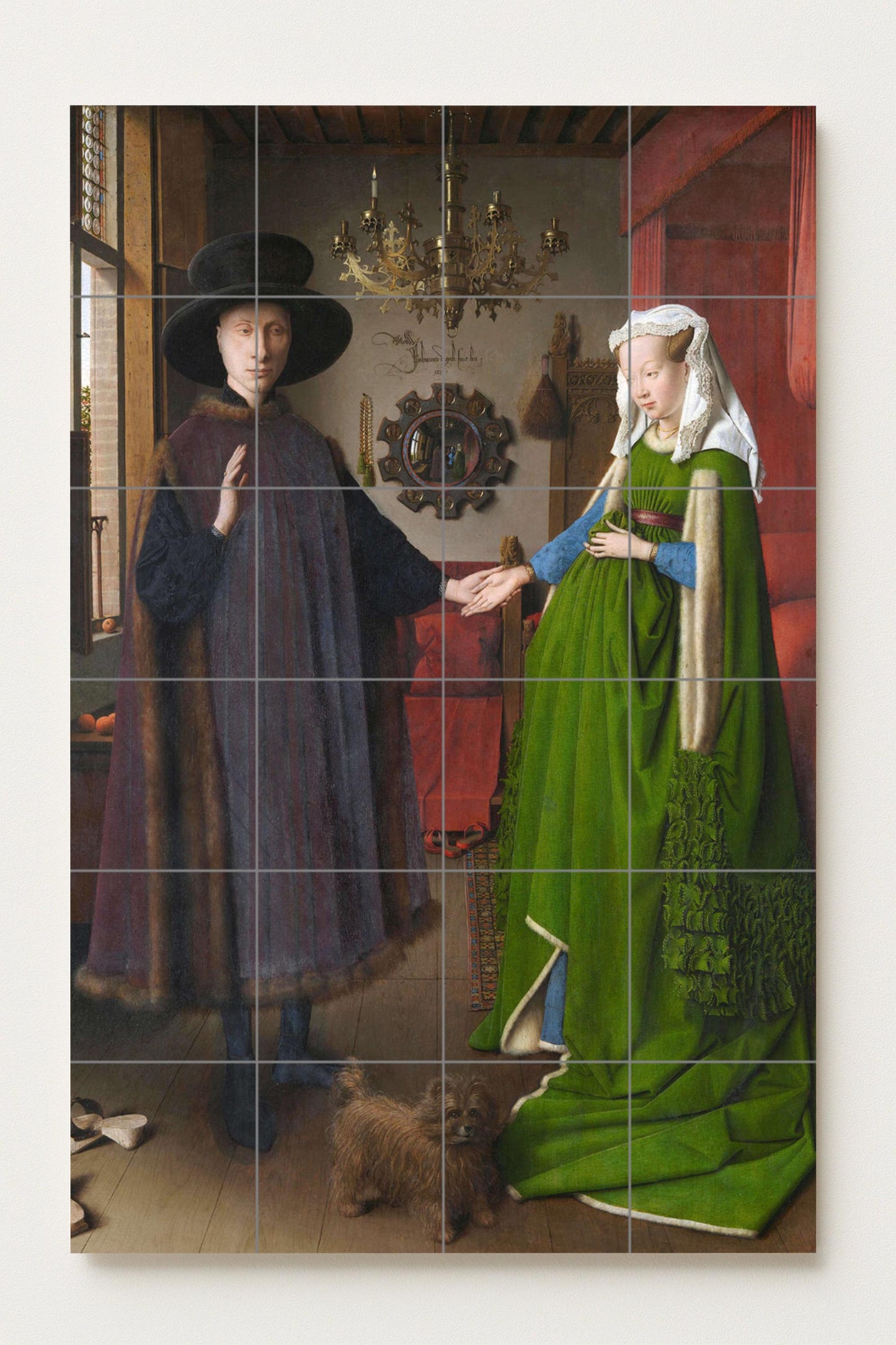 The Arnolfini Portrait by Jan van Eyck: a Renaissance ceramic mural depicting a symbolic marriage scene in exquisite detail.