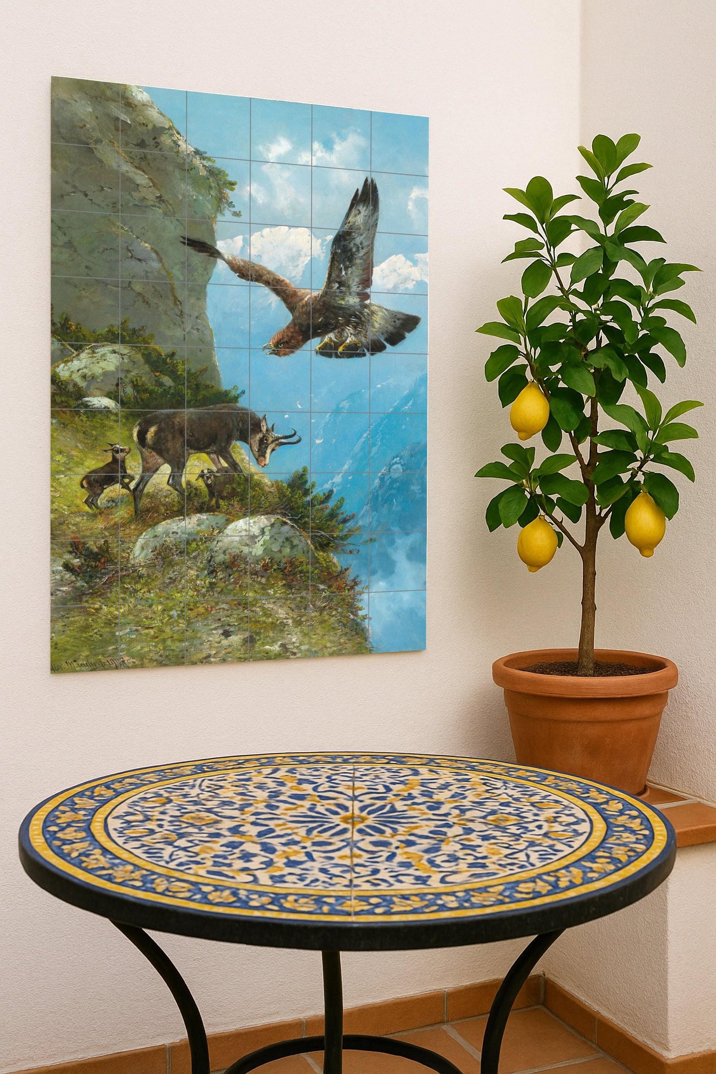 Eagle and chamois: ceramic mural depicting a spectacular alpine wildlife scene