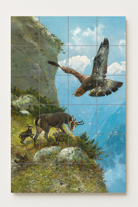 Eagle and chamois: ceramic mural depicting a spectacular alpine wildlife scene