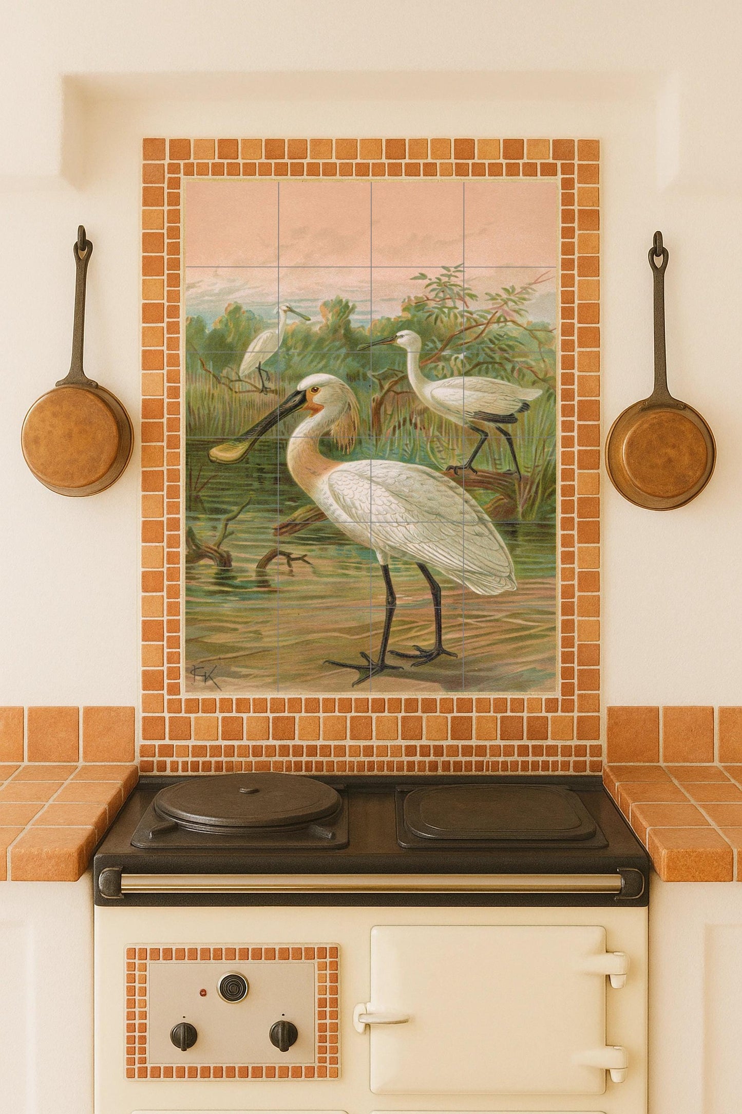 Spoonbills at dawn: Ceramic mural depicting elegant birds in a serene wetland landscape