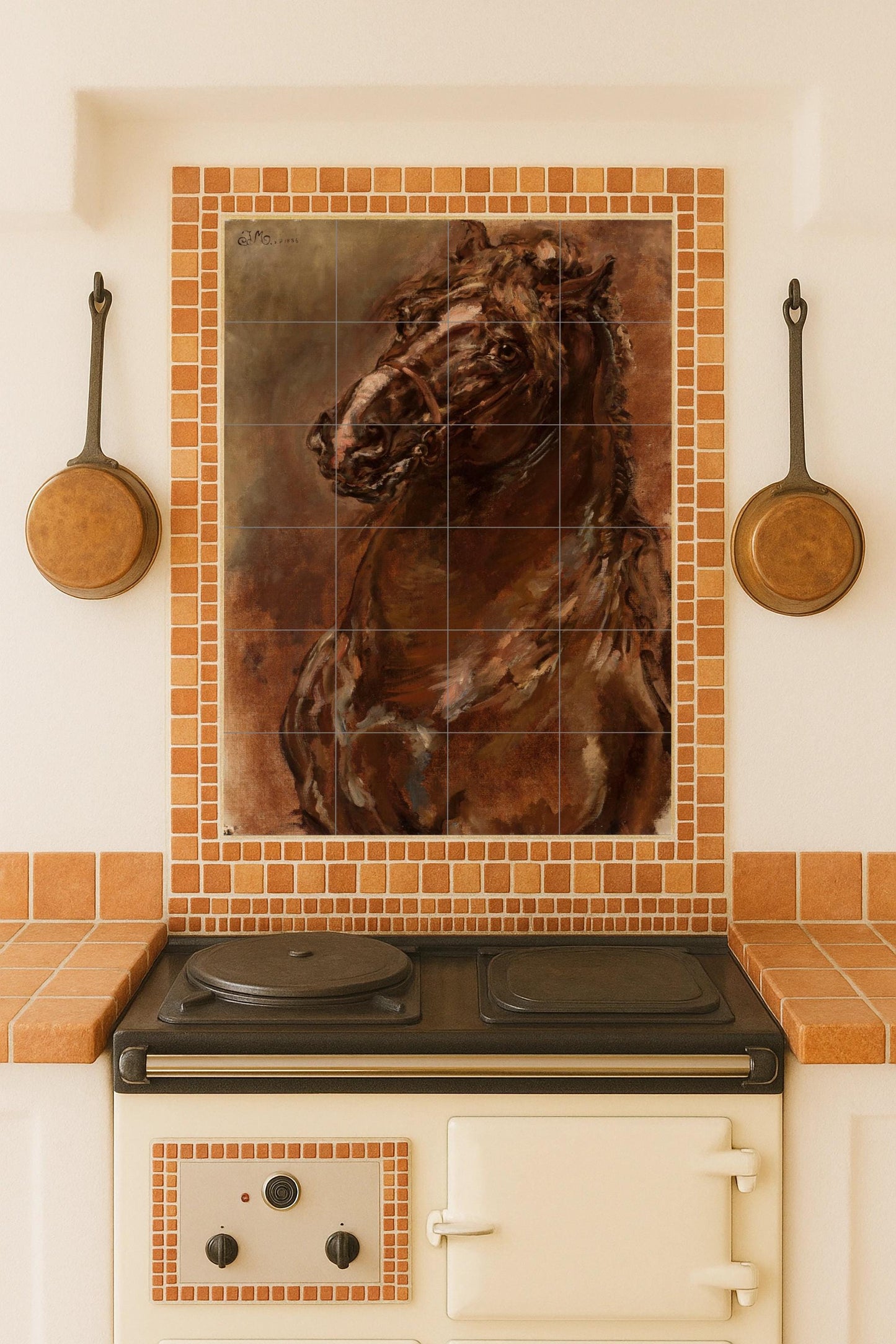 Horse Study: Dynamic ceramic mural depicting a powerful equine portrait in earth tones