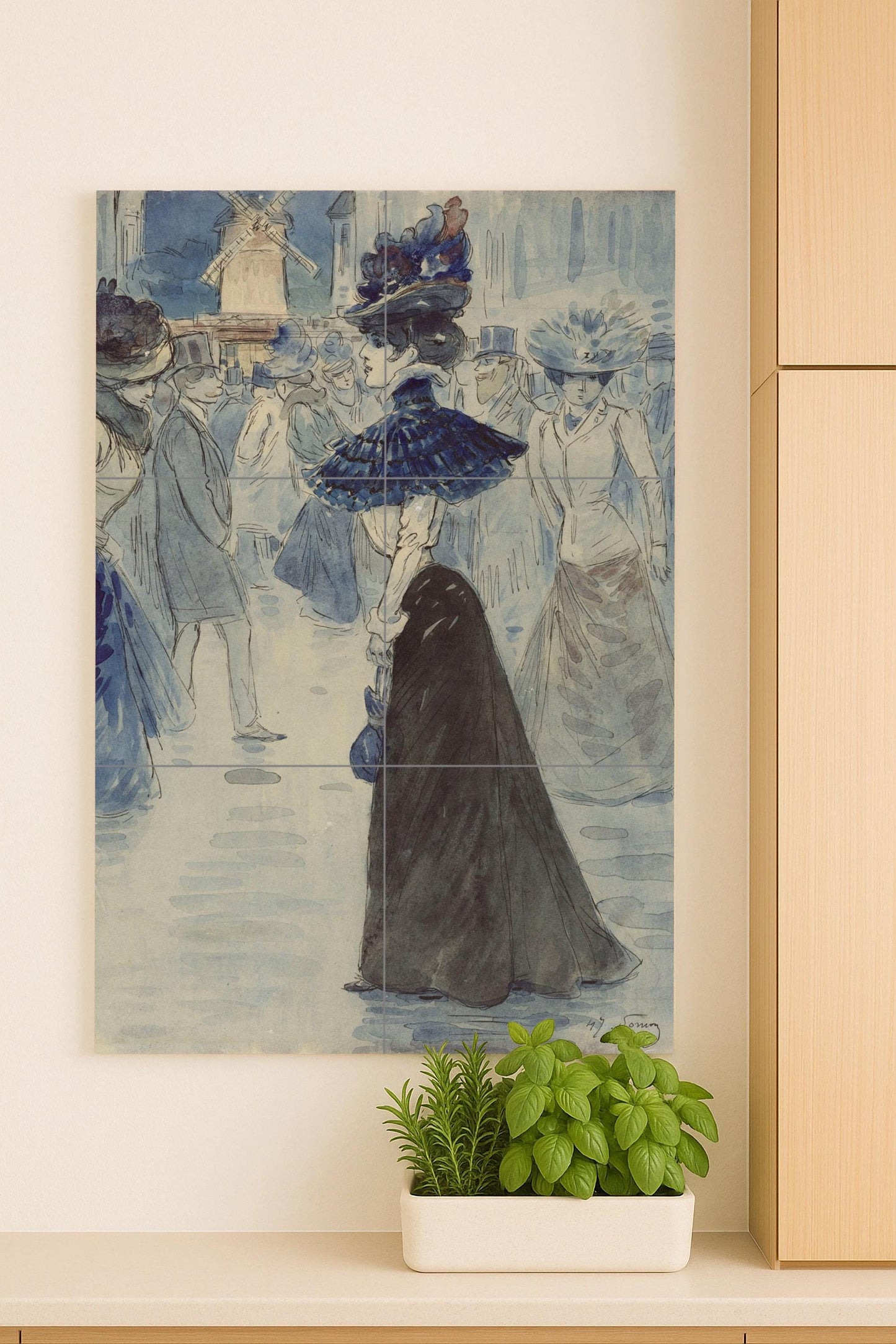 Parisian Lady at the Moulin Rouge – Ceramic mural of Henri de Toulouse-Lautrec's Belle Époque masterpiece in blue and ink