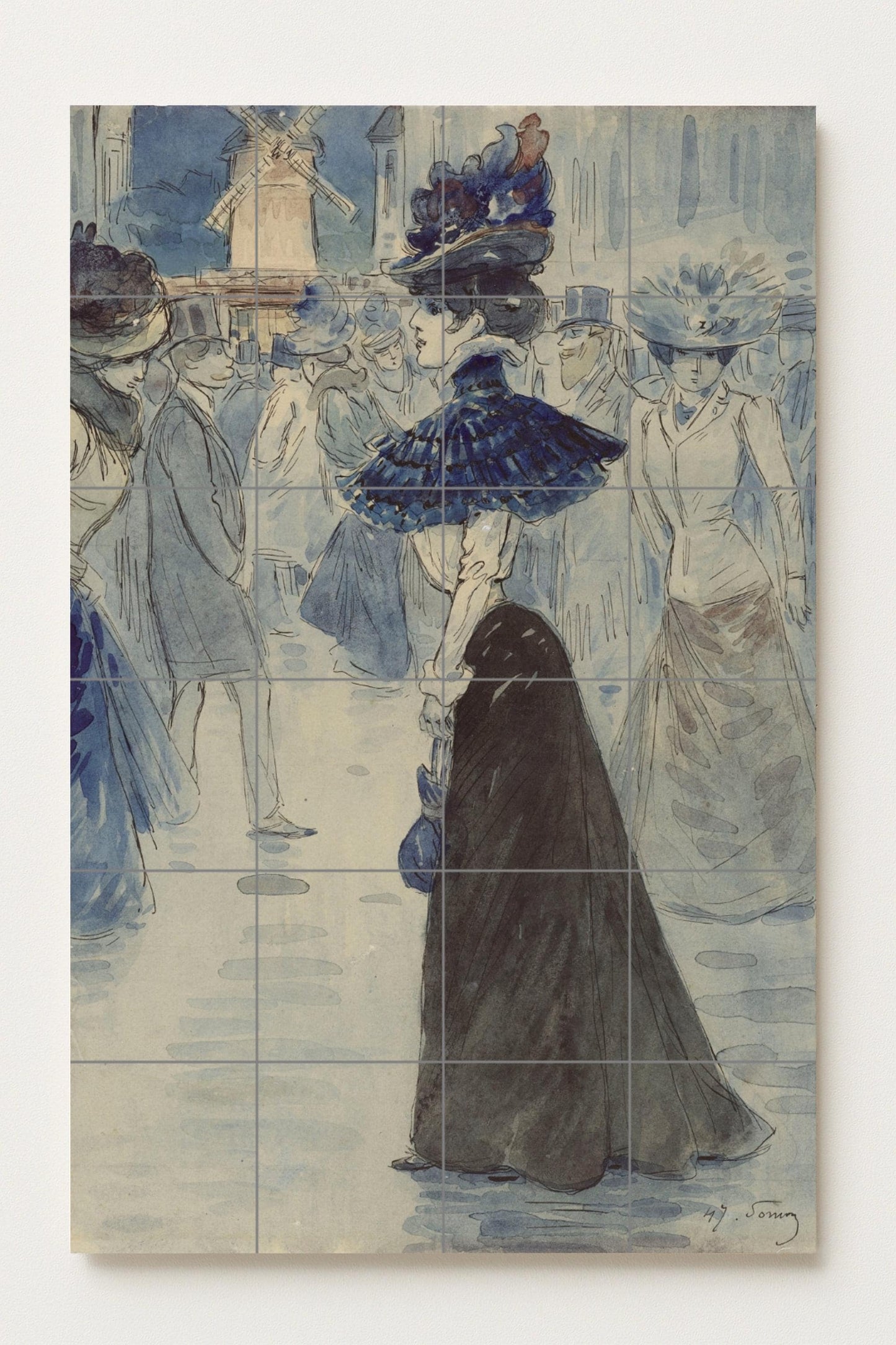 Parisian Lady at the Moulin Rouge – Ceramic mural of Henri de Toulouse-Lautrec's Belle Époque masterpiece in blue and ink