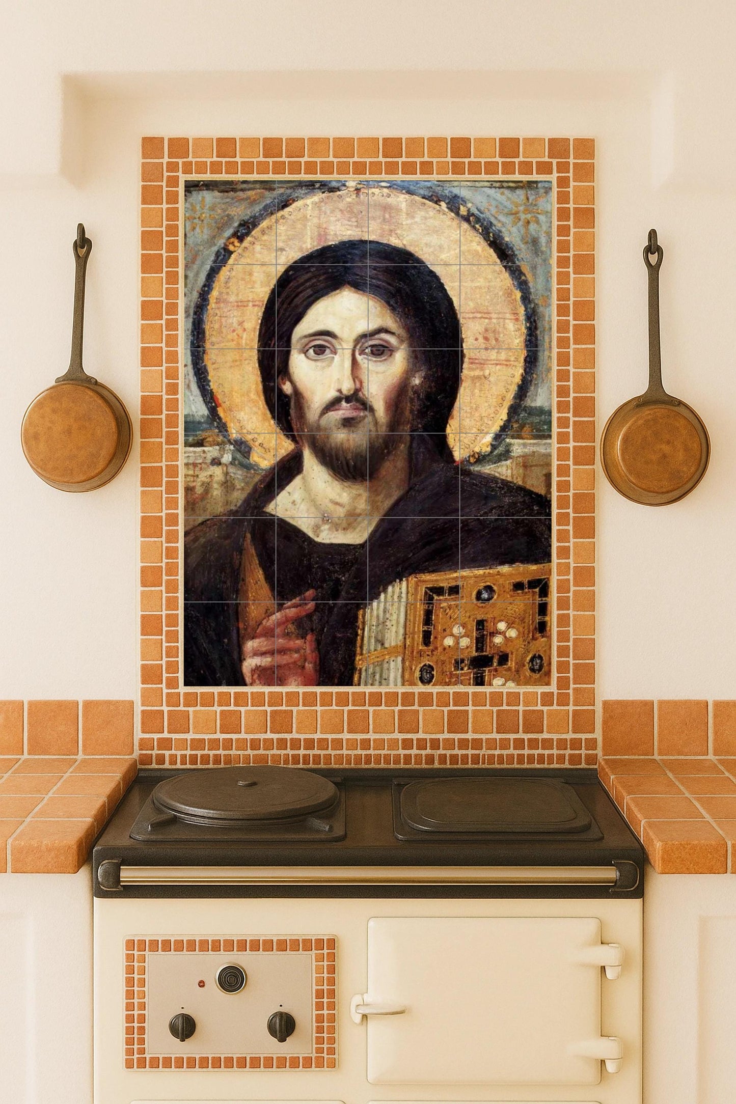 Christ Pantocrator: iconic Byzantine ceramic mural from the Monastery of Saint Catherine, a timeless symbol of faith and majesty.