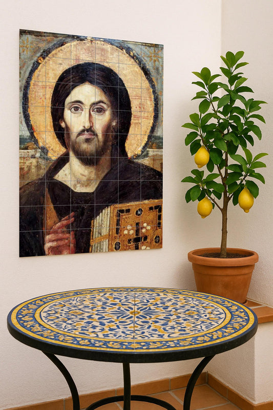 Christ Pantocrator: iconic Byzantine ceramic mural from the Monastery of Saint Catherine, a timeless symbol of faith and majesty.