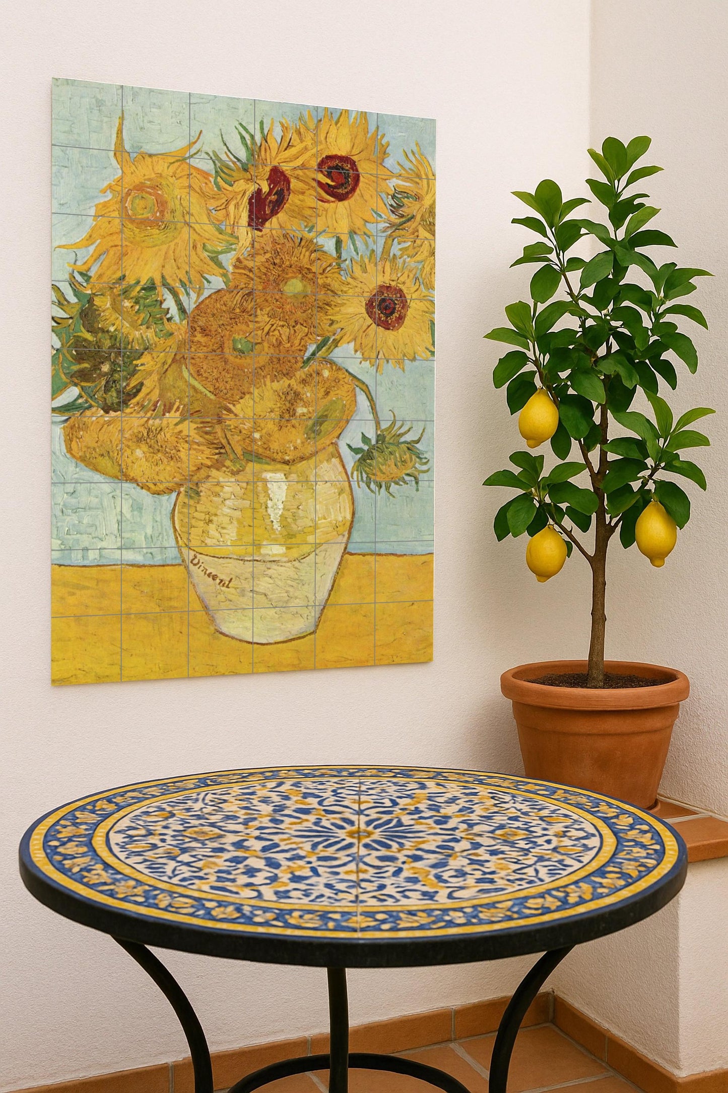 Sunflowers in a golden vase: masterful ceramic wall reproduction of Van Gogh's iconic painting, textured artistic wall decoration.
