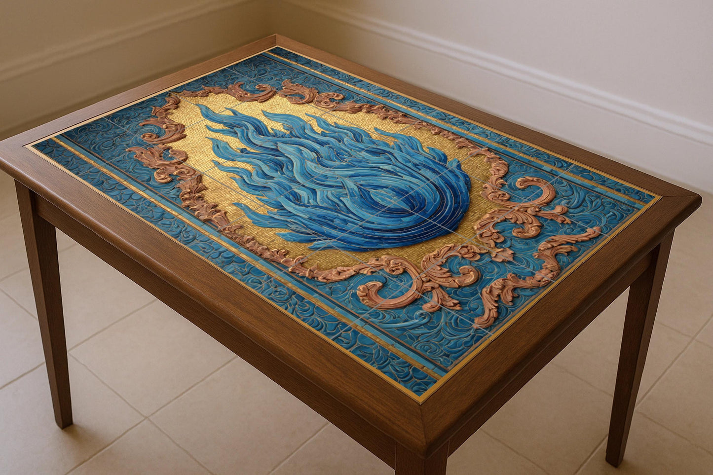 Blue flame on golden mosaic: impressive ceramic mural of Sacred Fire with ornamental relief and profound symbolic elegance.
