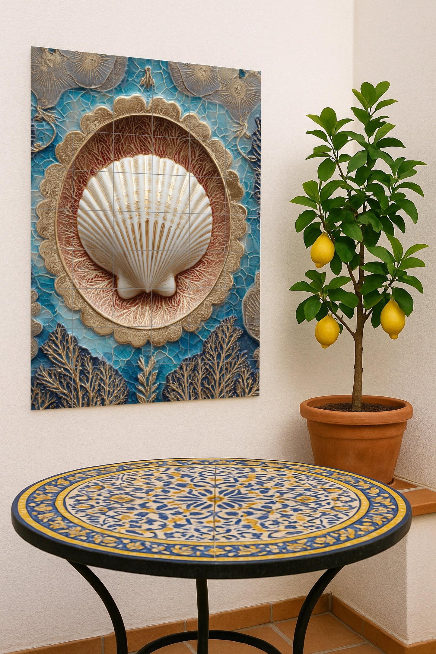 Harmony of golden shells and corals: elegant ocean-inspired ceramic mural with textured blue glaze and embossed ornamental art.