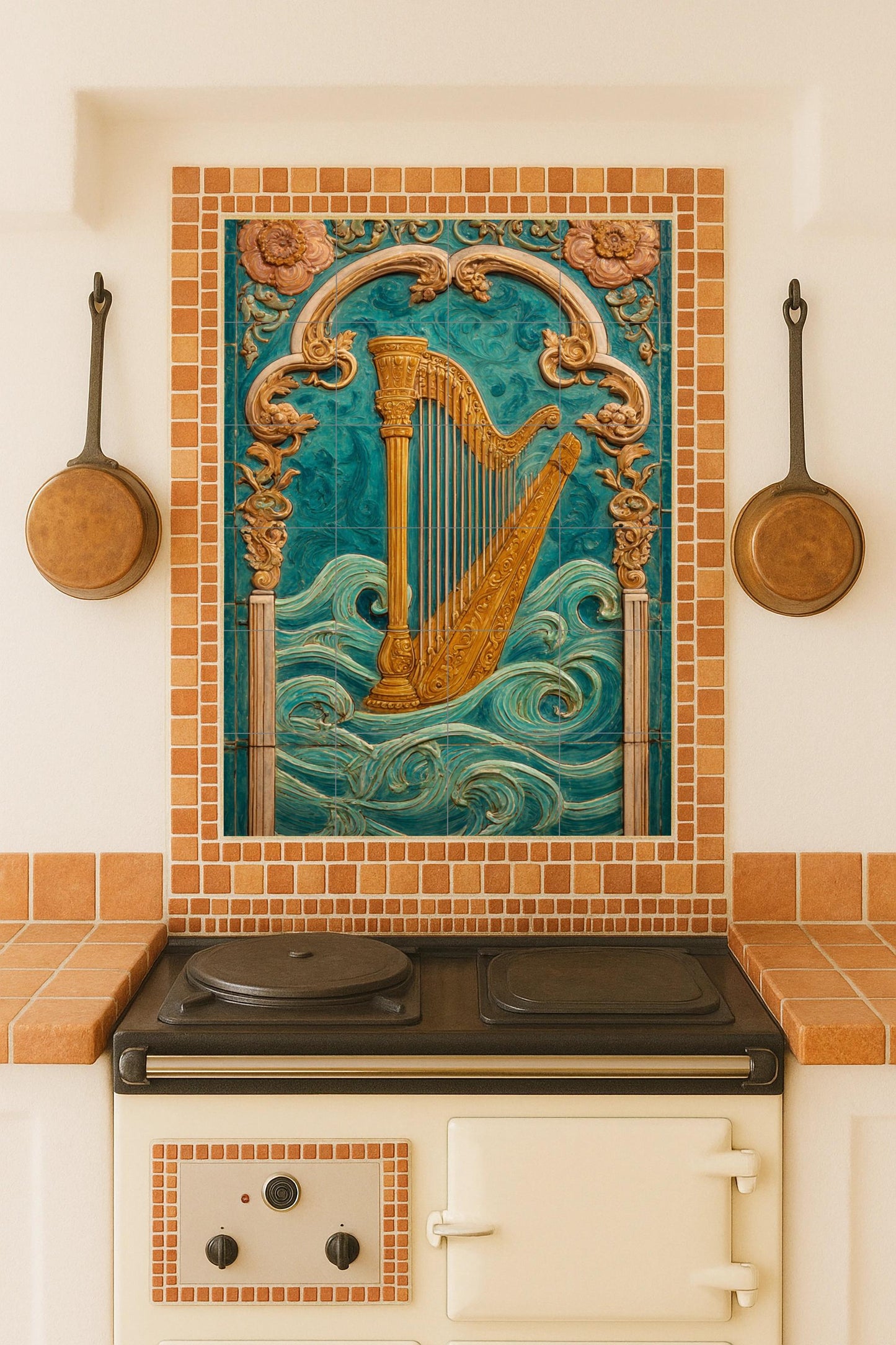 Golden harp on turquoise waves: majestic musical motif on a classic decorative ceramic mural, ornamental wall art for elegant interiors.