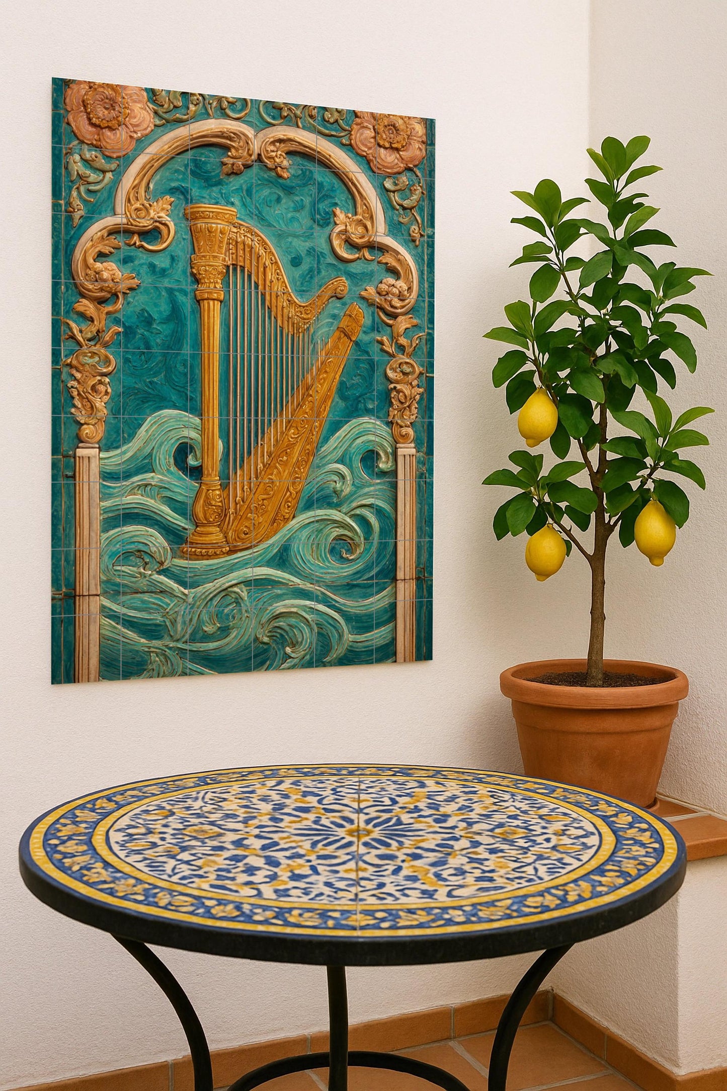 Golden harp on turquoise waves: majestic musical motif on a classic decorative ceramic mural, ornamental wall art for elegant interiors.