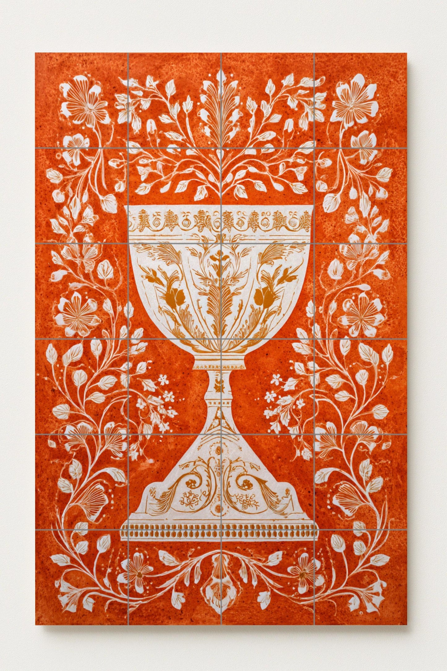 Golden Chalice – Ornamental ceramic mural with floral scrolls, baroque elegance, terracotta and white contrast, artistic wall piece