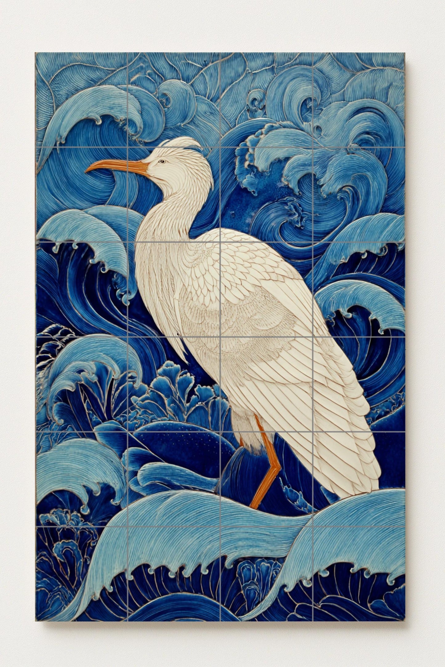 White Heron Among the Waves – Ceramic Mural of the Grace of the Ocean, Blue and Ivory Tones, Maritime Art with Fluid Movement and Elegant Details