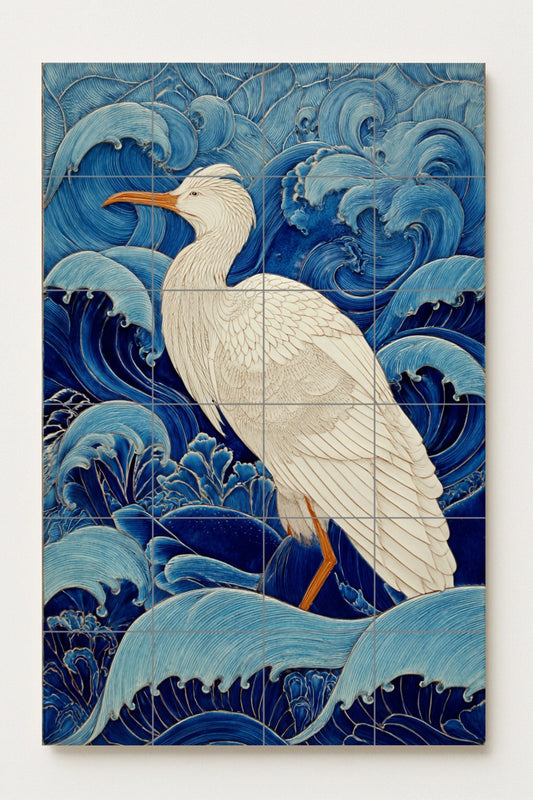 White Heron Among the Waves – Ceramic Mural of the Grace of the Ocean, Blue and Ivory Tones, Maritime Art with Fluid Movement and Elegant Details