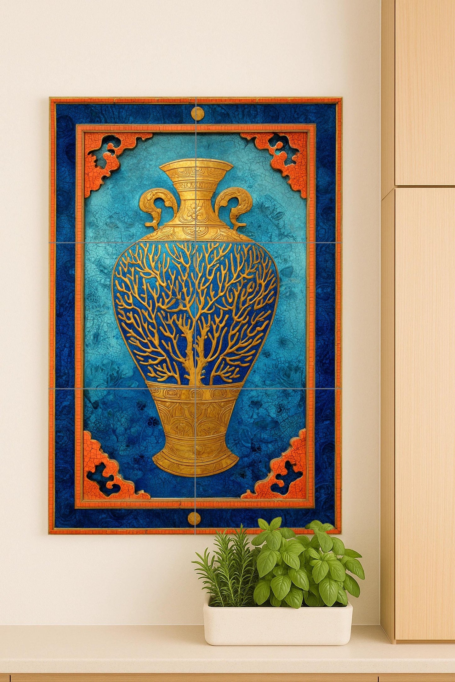Golden Coral Dream Vase – Exquisite Ceramic Mural in Blue and Amber Tones, Ornamental Vessel Design with Marine Motifs and Symmetry