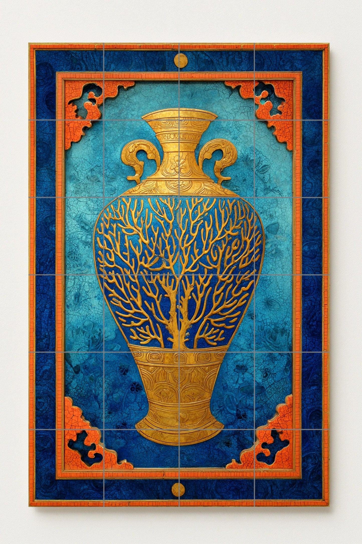 Golden Coral Dream Vase – Exquisite Ceramic Mural in Blue and Amber Tones, Ornamental Vessel Design with Marine Motifs and Symmetry