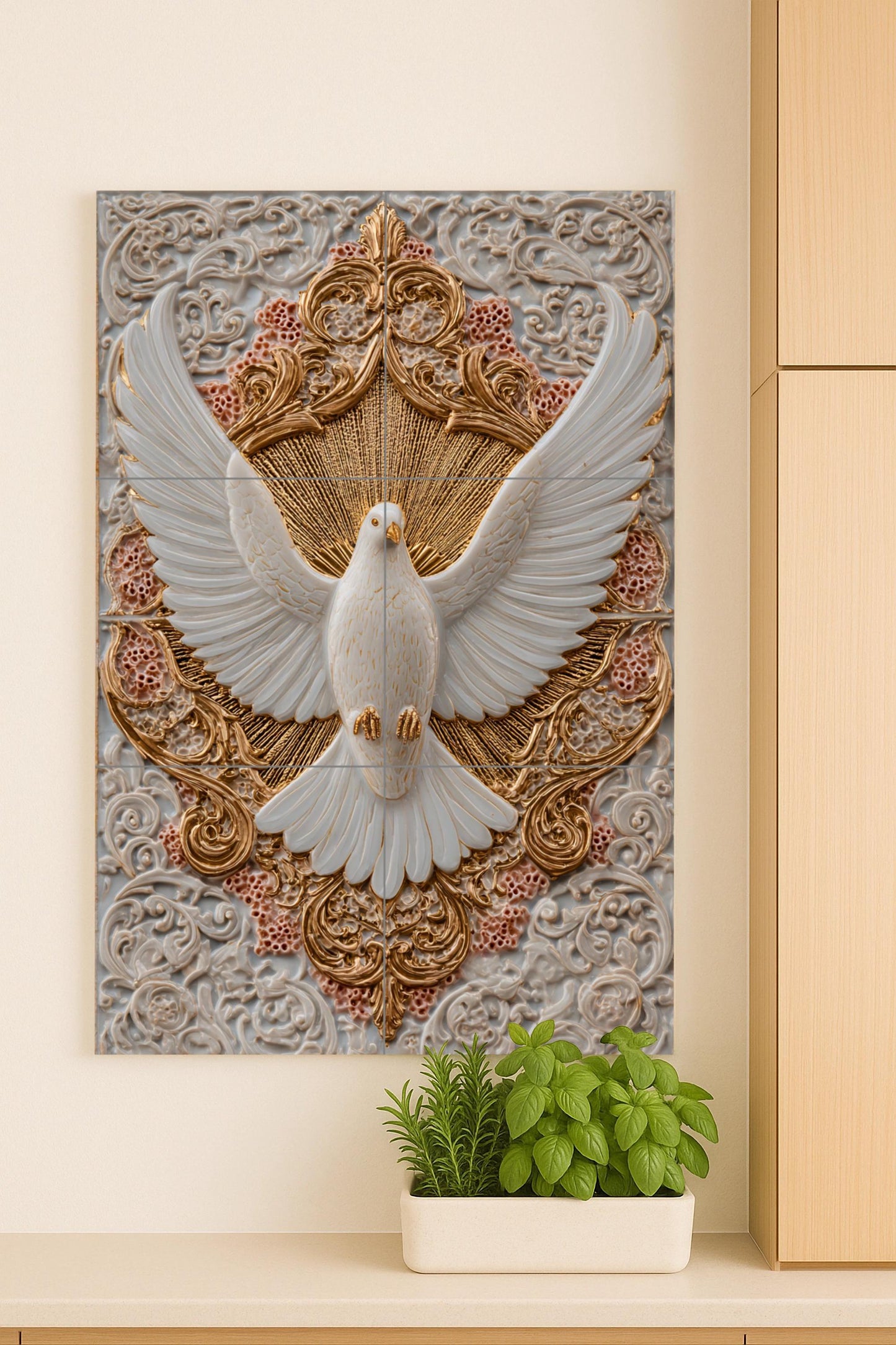 White Dove of Purity – Refined ceramic mural with gilded reliefs, symbol of peace and grace, Baroque-inspired decorative wall art