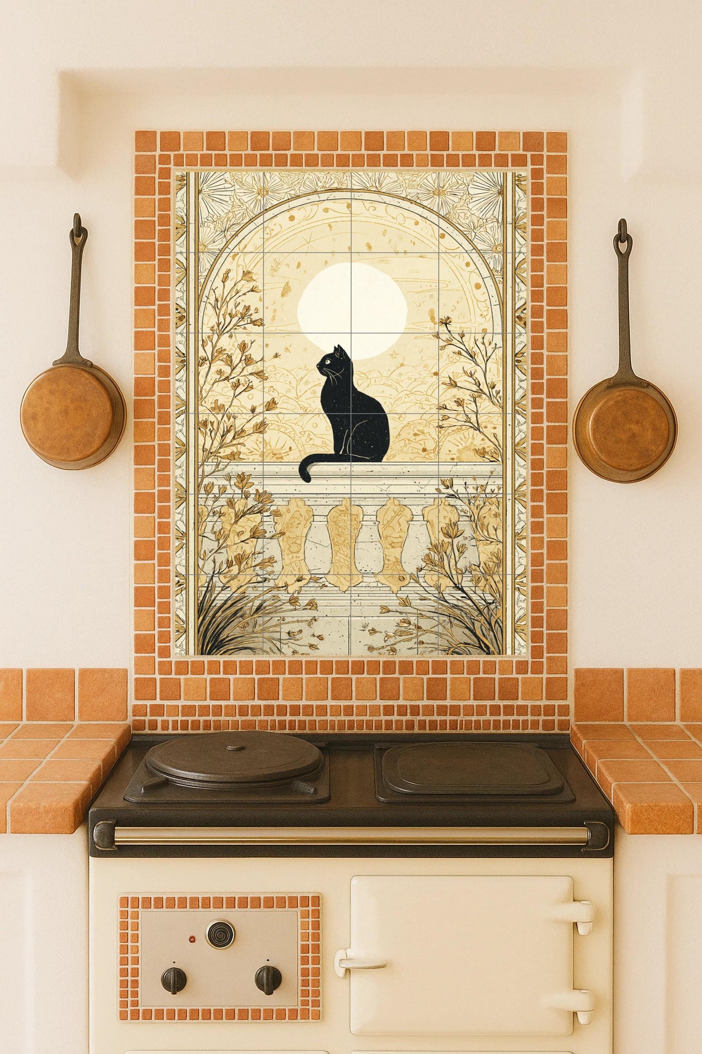 Black cat under the golden moon: elegant ceramic mural depicting night serenity, Art Nouveau balcony scene, botanical illustration, dreamlike mural art.