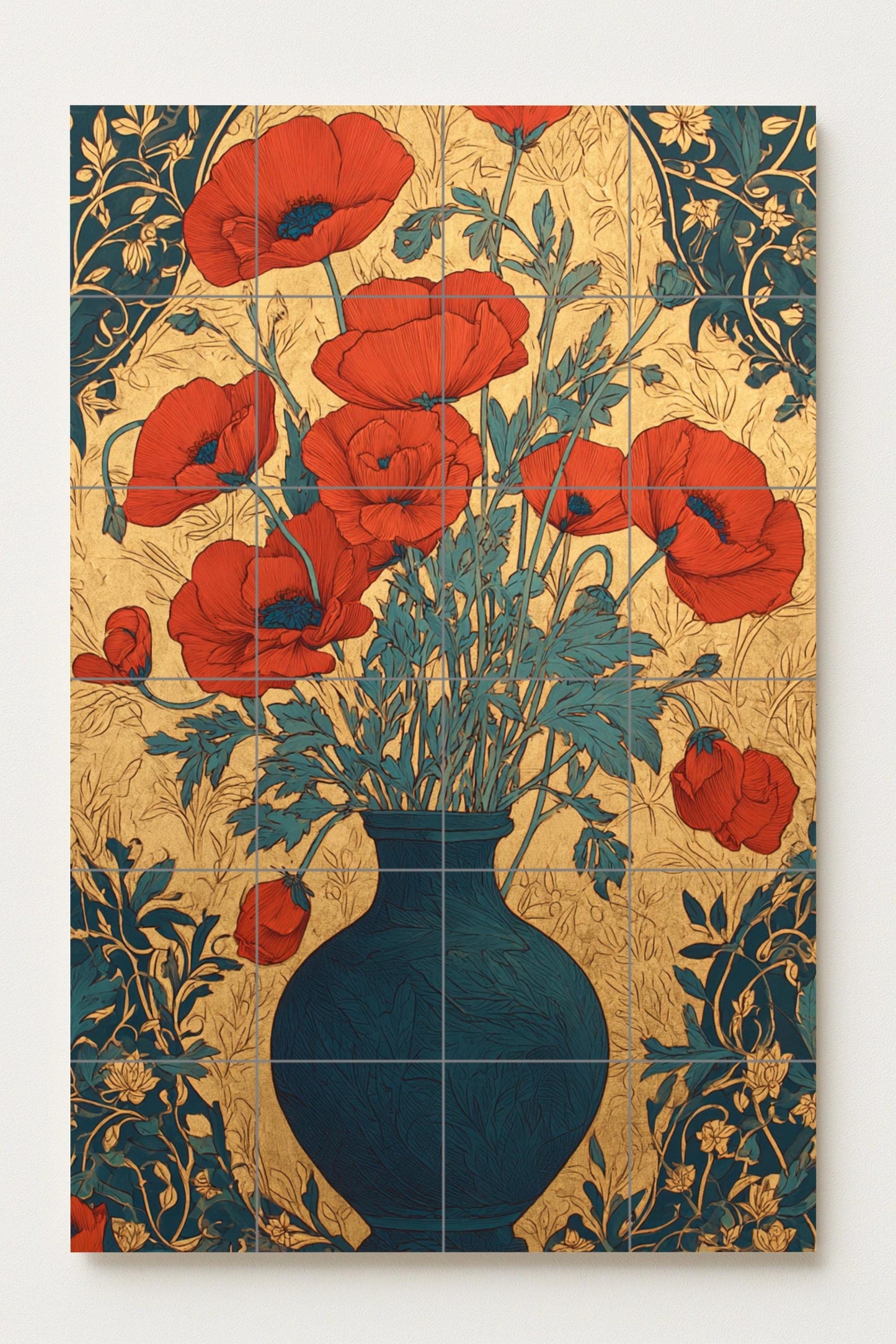 Poppies in Gold – Art Nouveau ceramic mural with scarlet flowers and deep blue vase, European decorative artwork with elegant golden tiles.