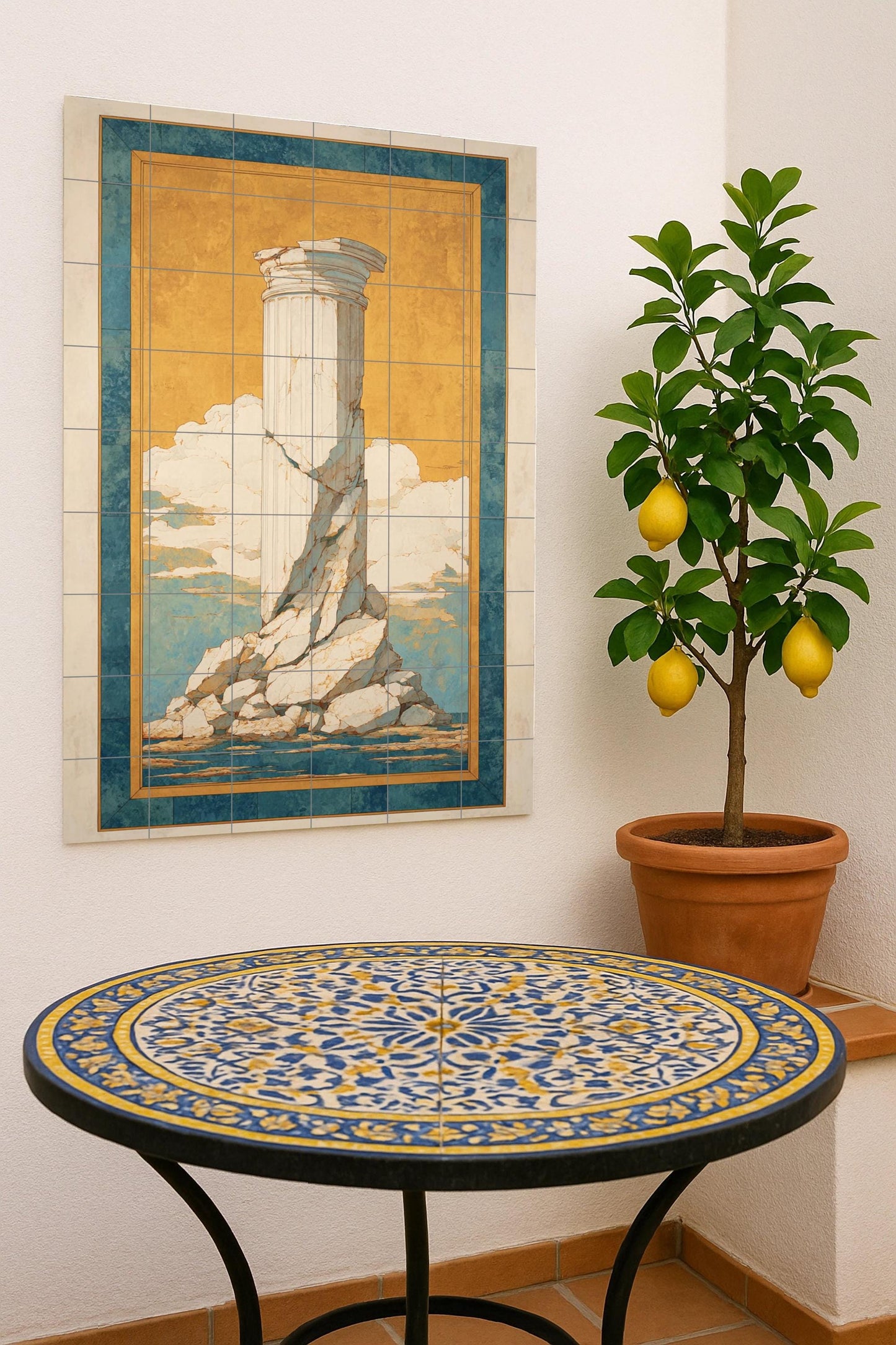 Echoes of Antiquity: Ceramic mural with classical columns, artwork with Mediterranean tiles featuring a golden sky and blue horizon, architectural elegy