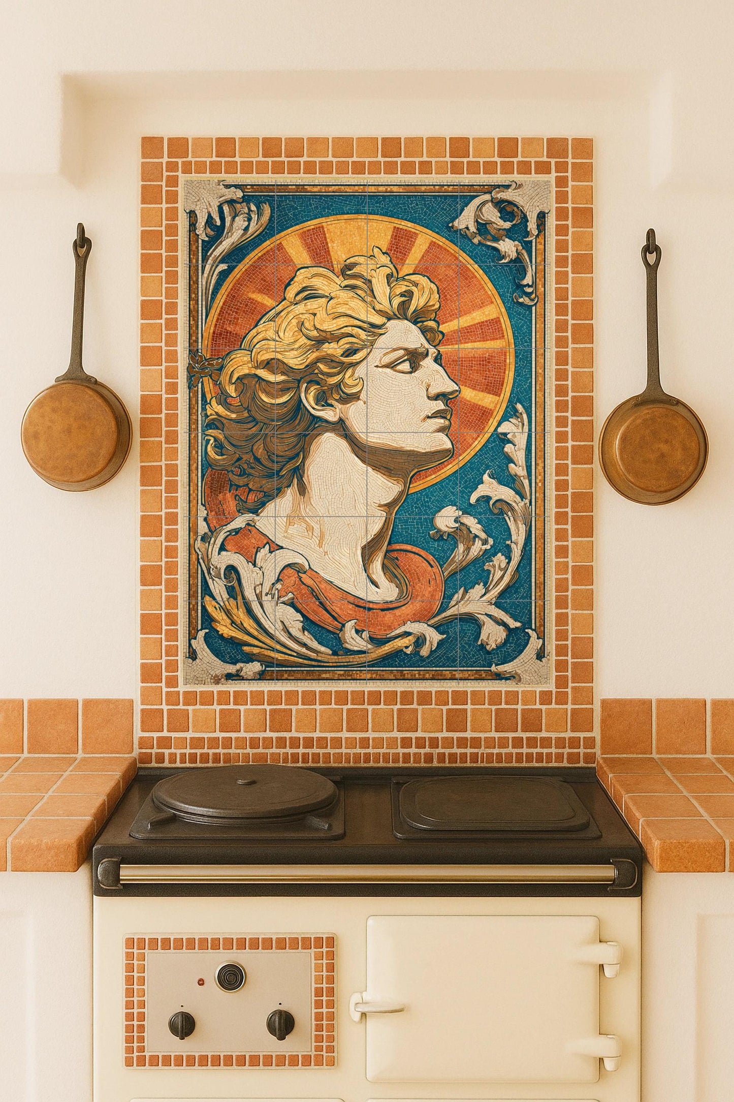 Helios – Ceramic mural with male Art Nouveau portrait, European modernist style golden sun mosaic with radiant ornament.