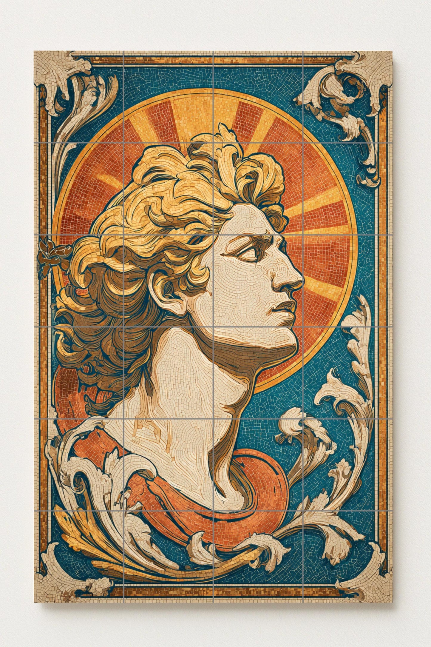 Helios – Ceramic mural with male Art Nouveau portrait, European modernist style golden sun mosaic with radiant ornament.