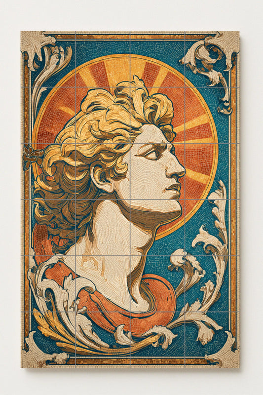 Helios – Ceramic mural with male Art Nouveau portrait, European modernist style golden sun mosaic with radiant ornament.
