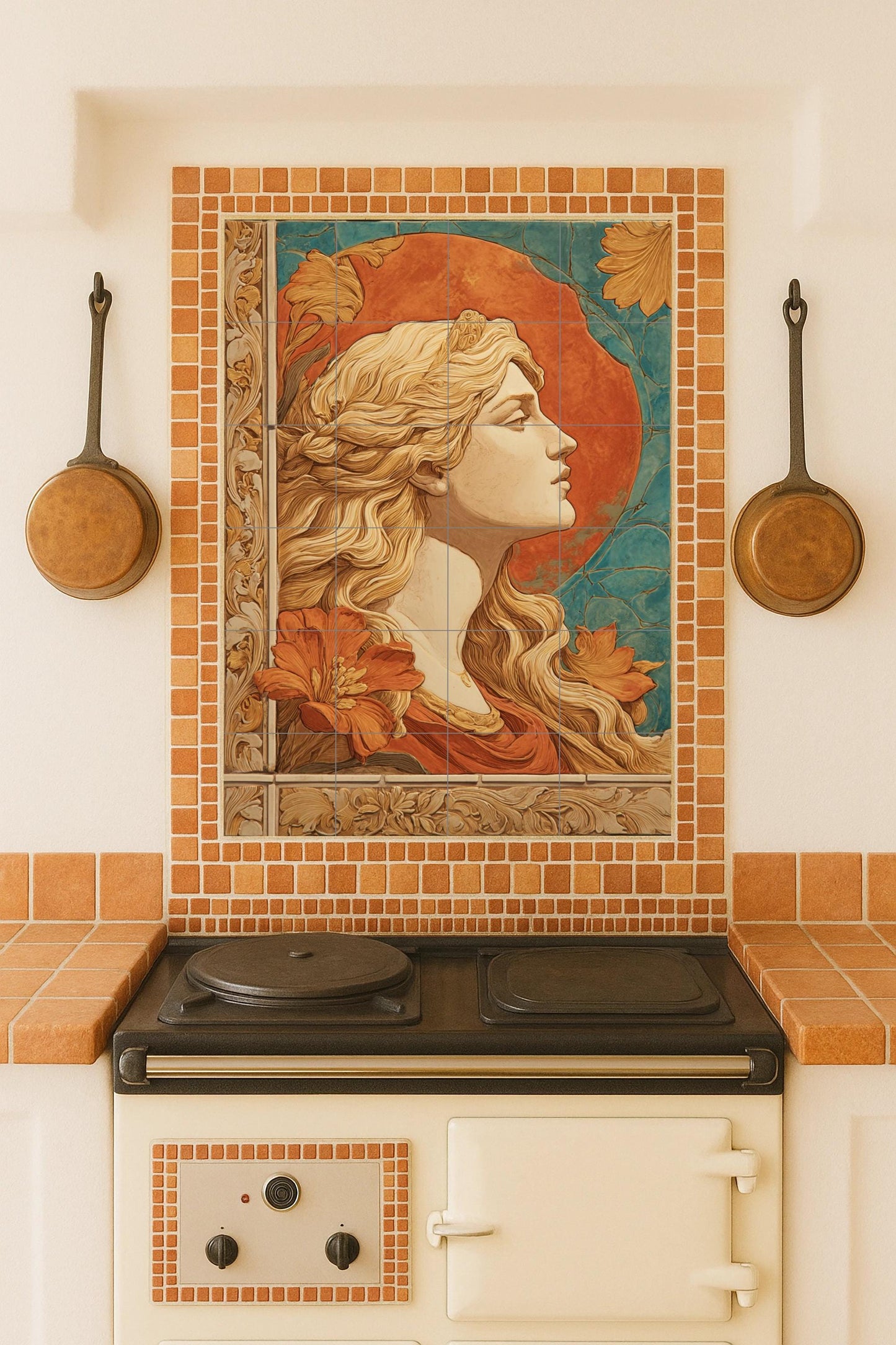 Aurelia ceramic mural – European Beauty, Art Nouveau portrait in terracotta and teal, symbolist artwork with gold ornament.
